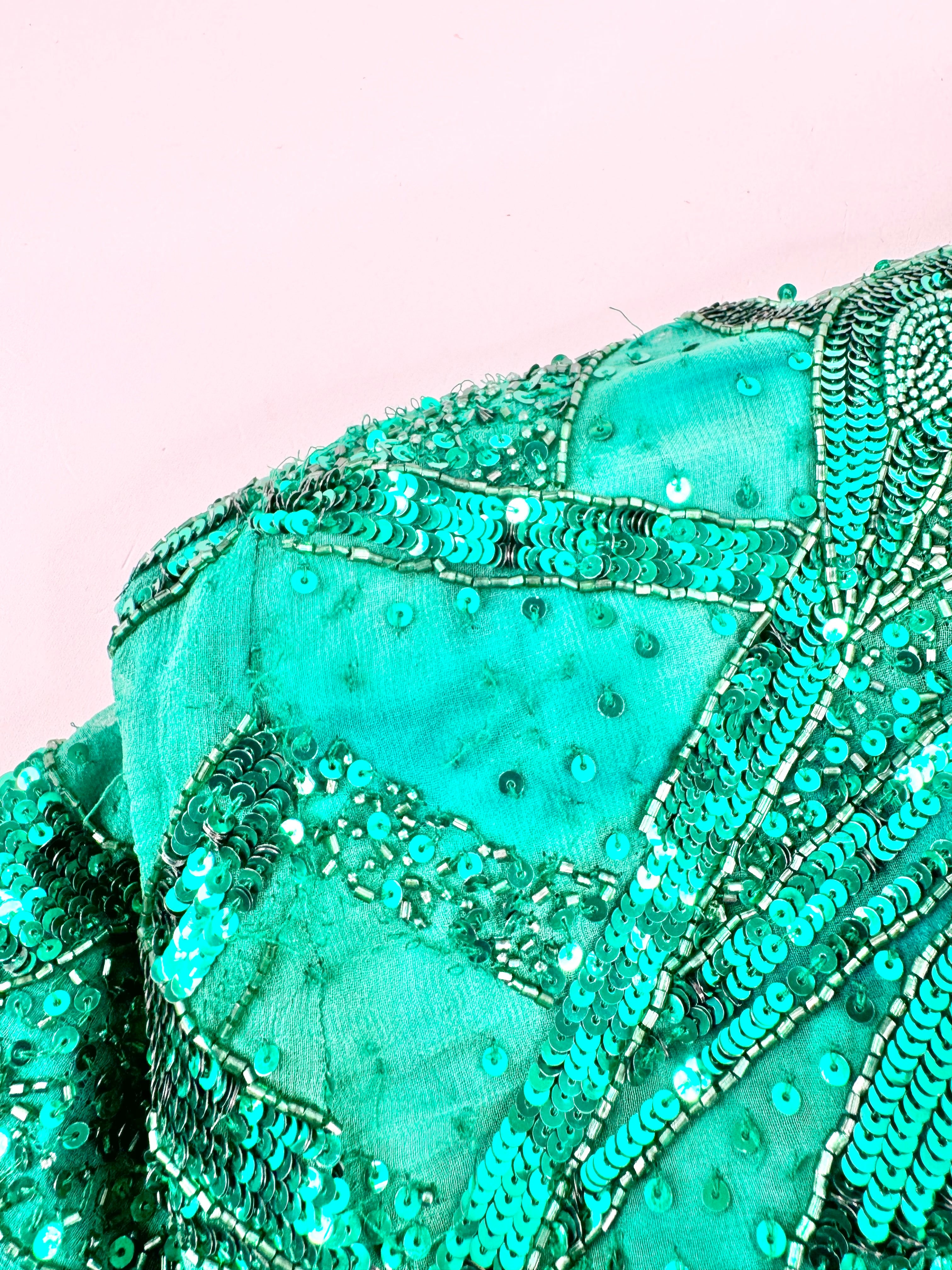Bellucio Emerald Green Silk Sequined Maxi Dress - AU10