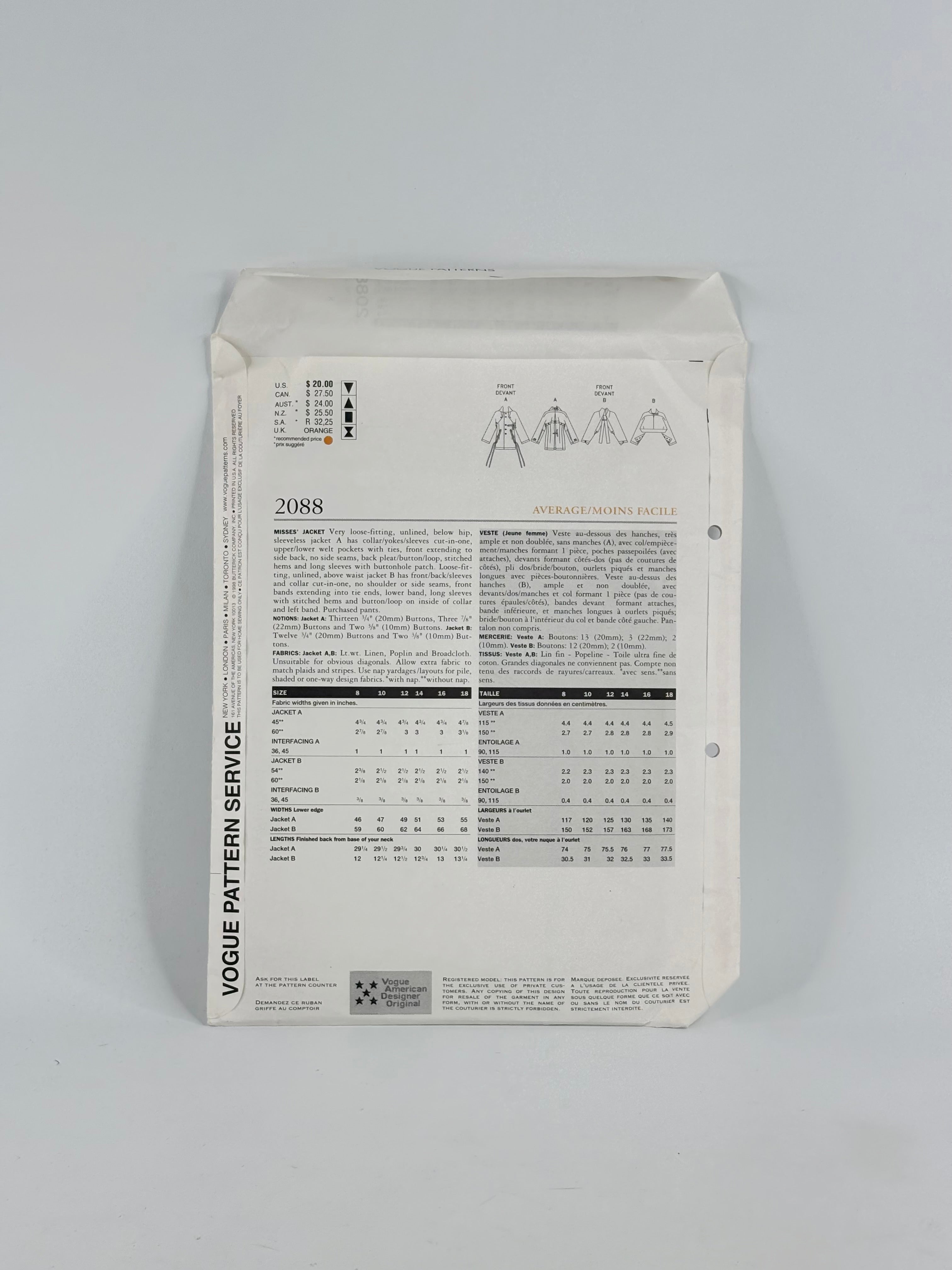 Vogue American Designer Issey Miyake Jackets: No. 2088 - Size 8