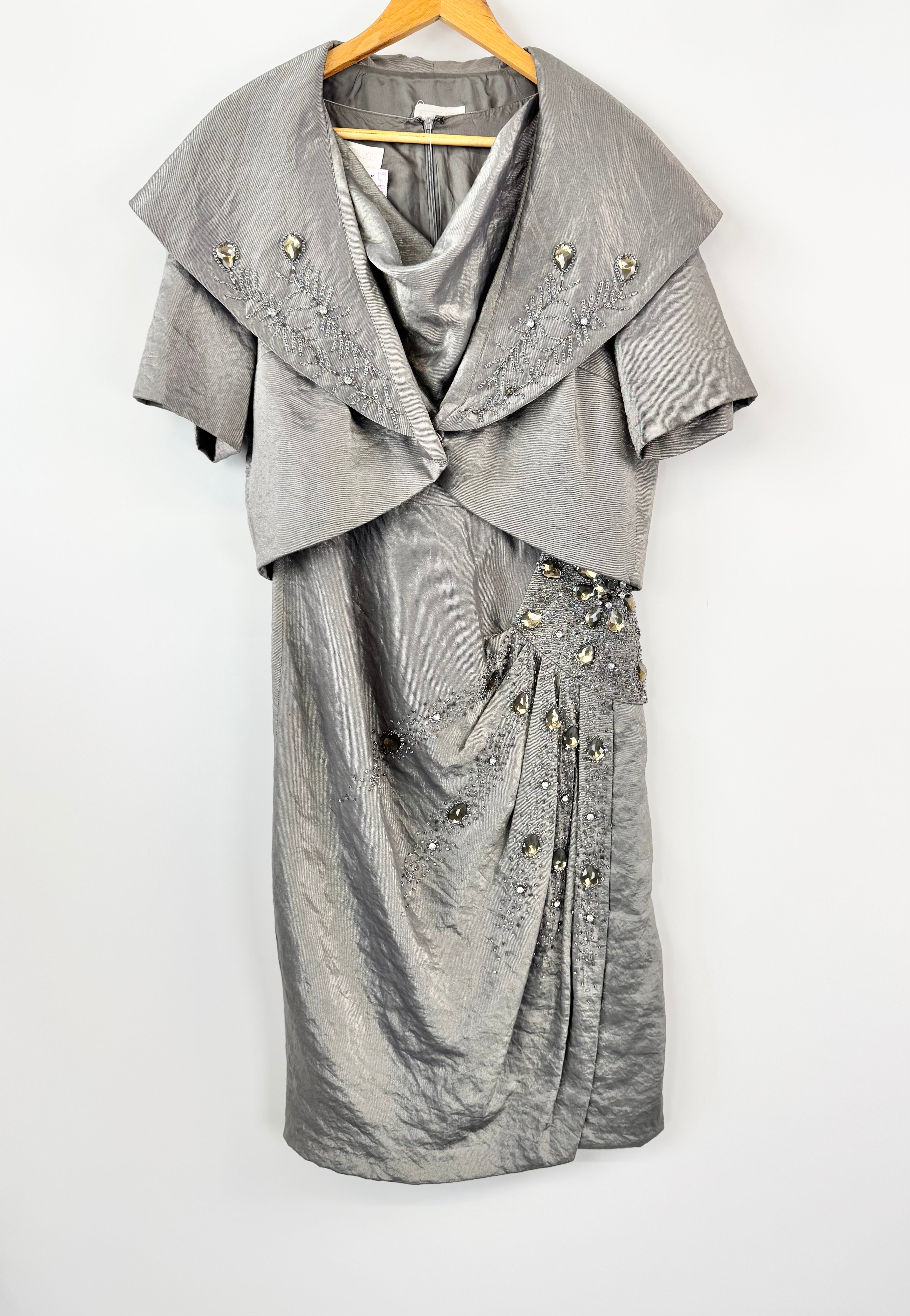 Studibaker Steel Grey Beaded Dress & Cropped Jacket Set - AU14