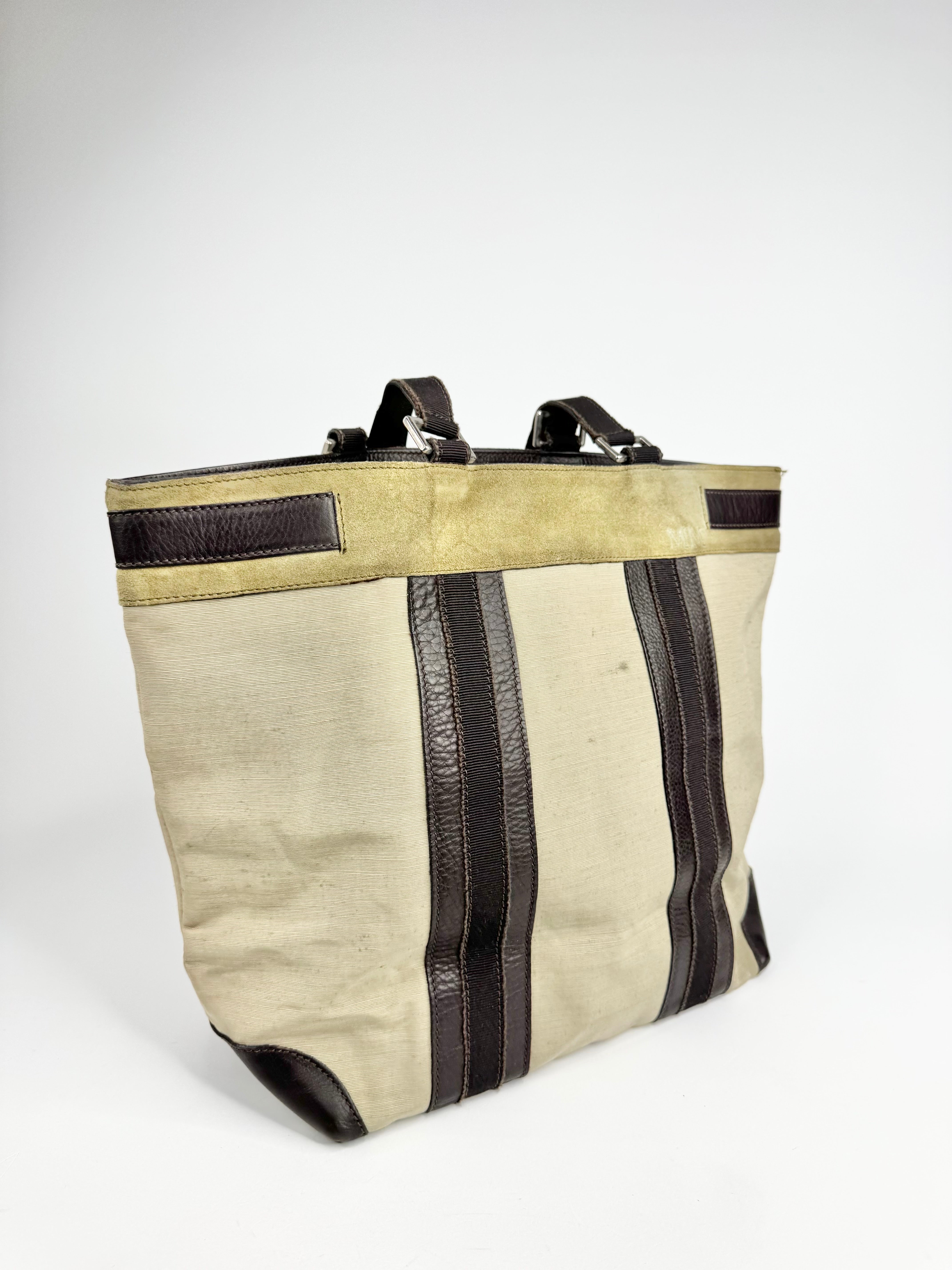 Vintage Max Mara Khaki Leather & Fabric Tote
