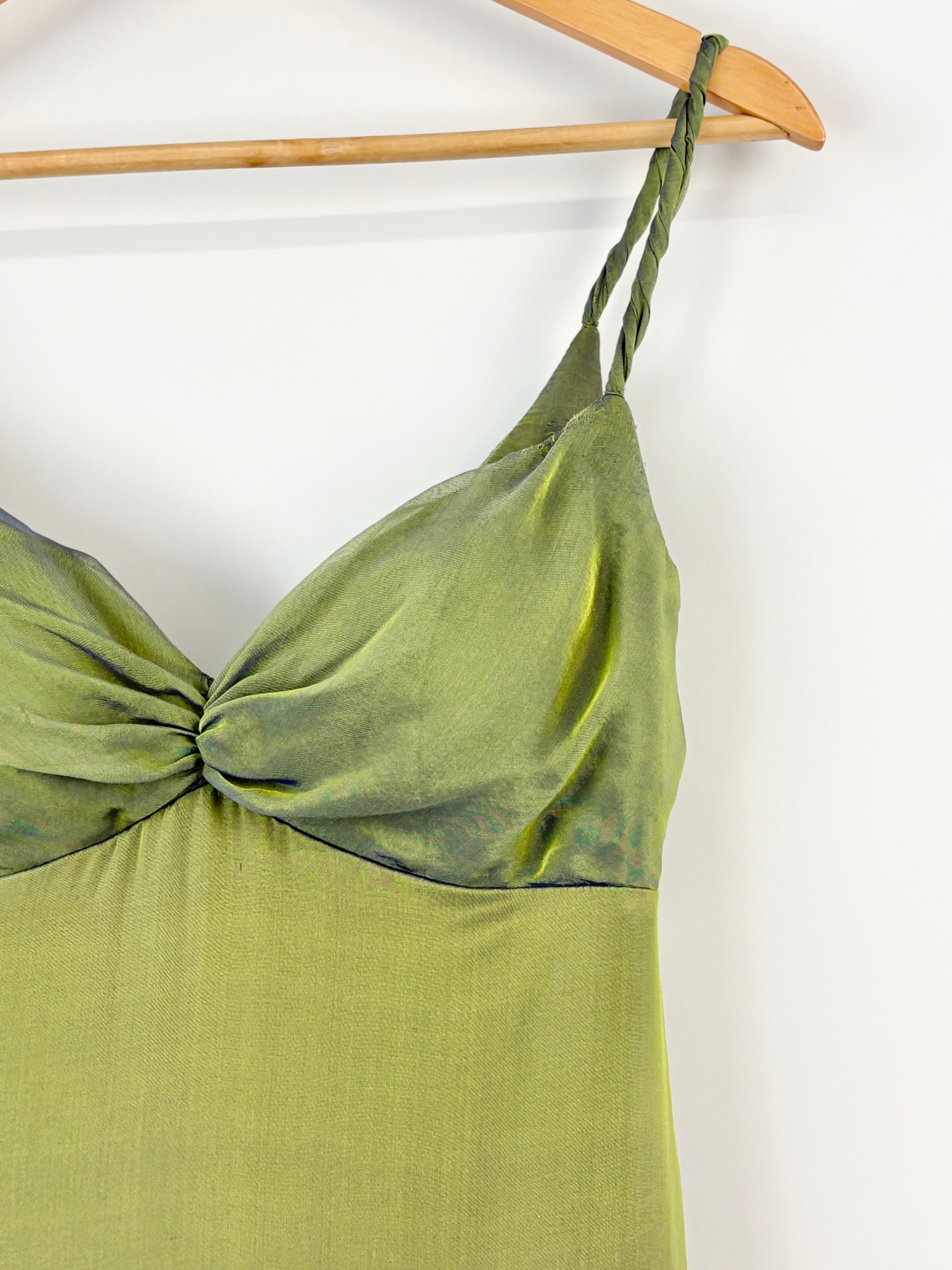 Fialora Vintage Satin-Iridescent Green Mermaid Style Ruffle Gown - AU8/10