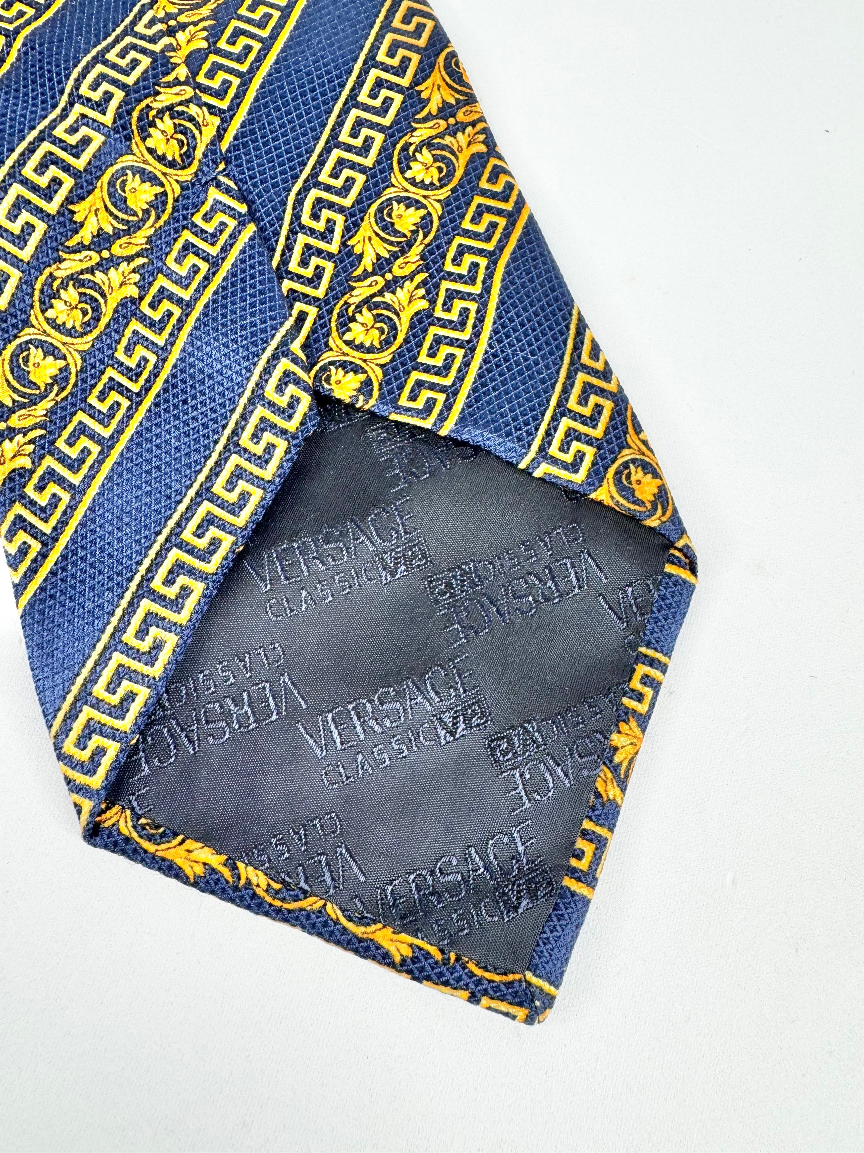 Vintage Versace Classic V2 Blue & Gold Meander Pattern Tie