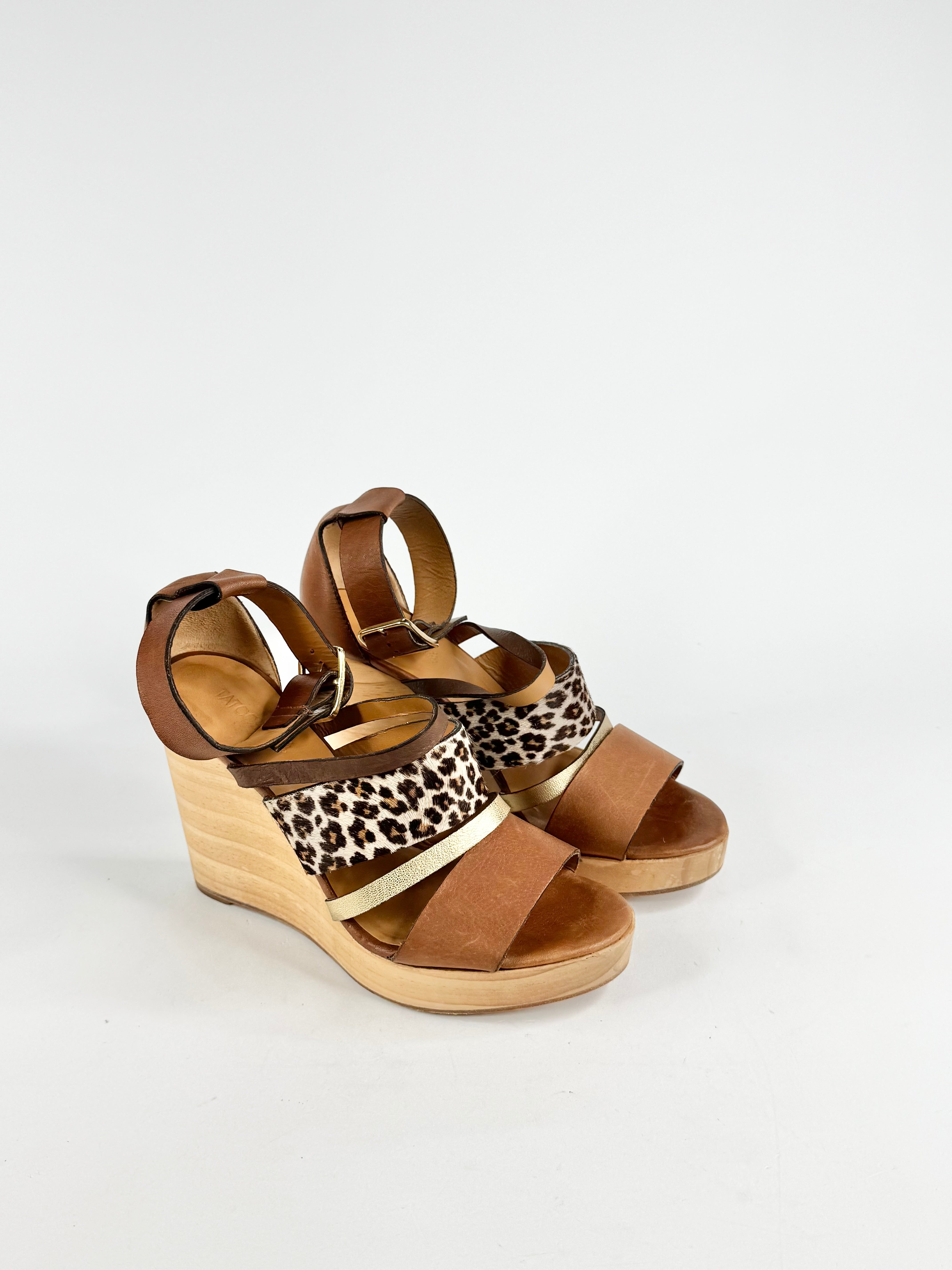 Tatoosh Tan & Leopard Print Peep Toe Wedges - EU38