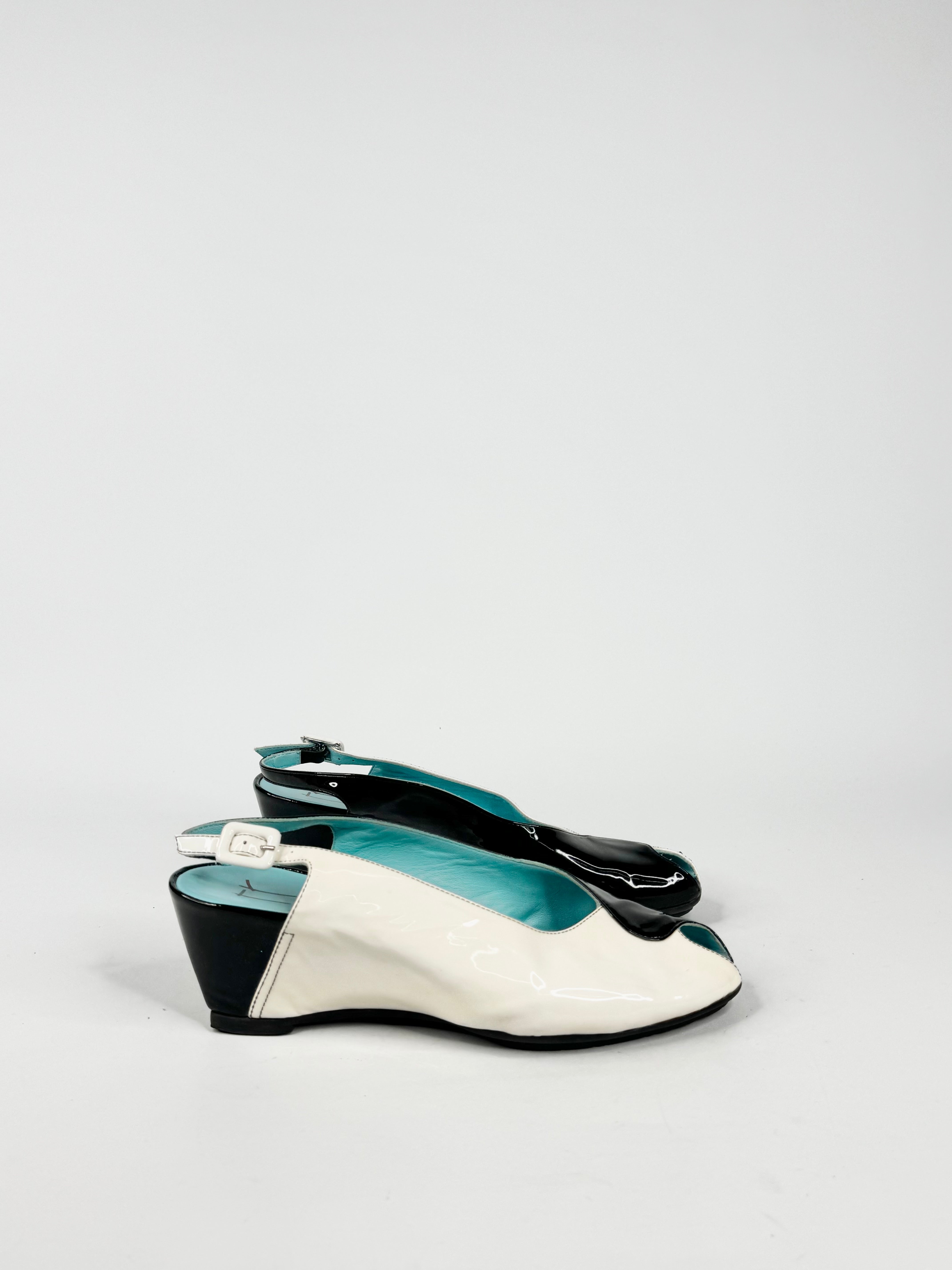Thierry Black & White Patent Leather Peep Toe Wedges - EU38