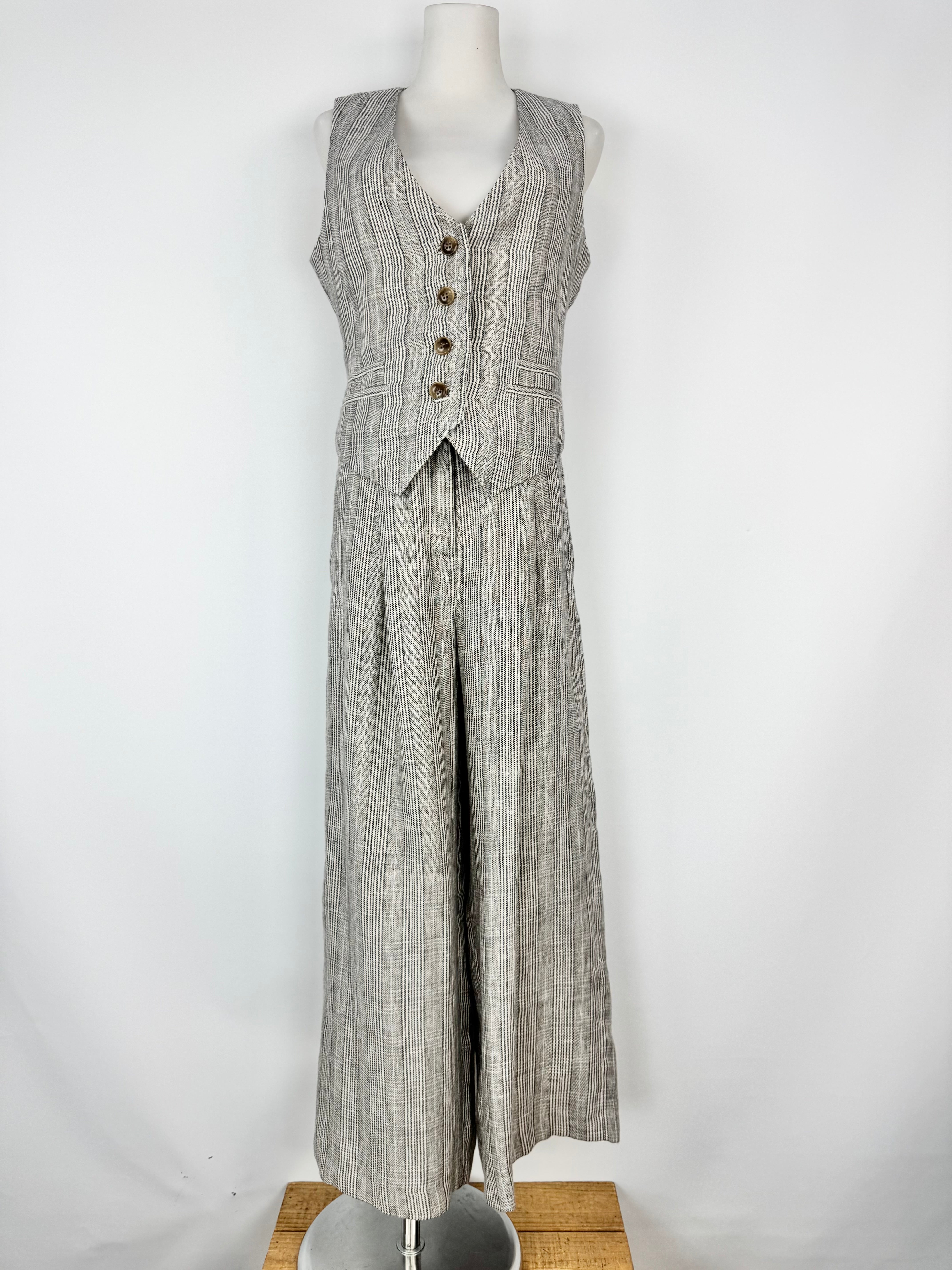 Husk Grey Beige & Blue Prince of Wales Check Linen 3 Piece Suit - AU8