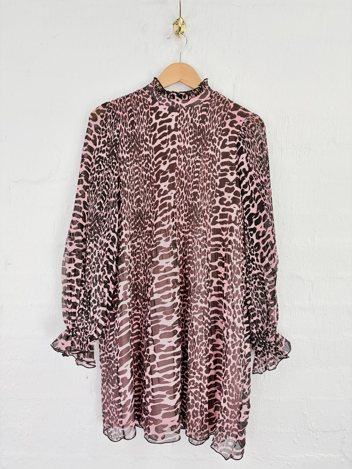 Ganni Pink & Brown Leopard Print Pattern Pleated Georgette Mini Dress - AU10