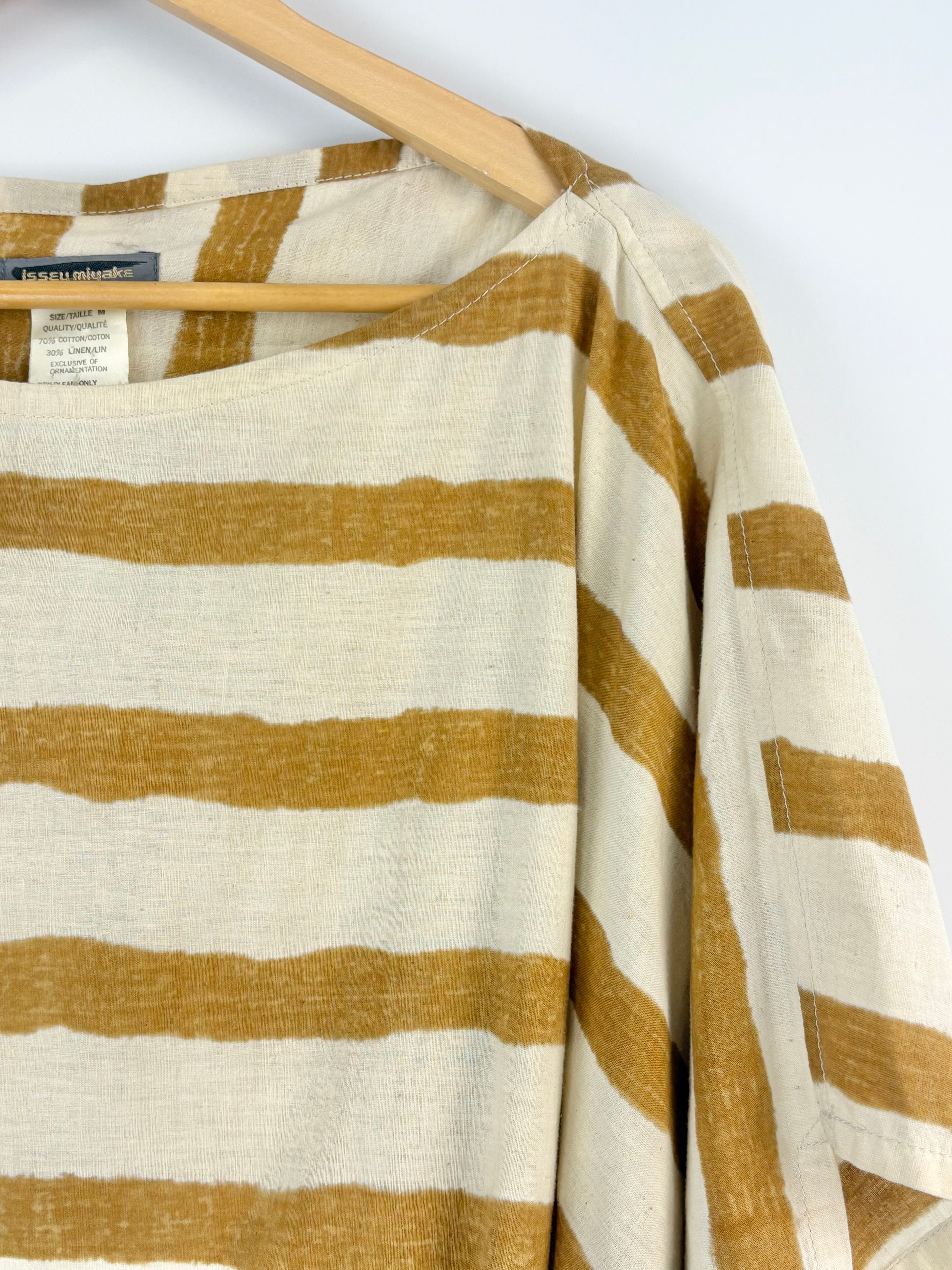 Vintage 80s Issey Miyake Beige Striped Boxy-Fit Top - M