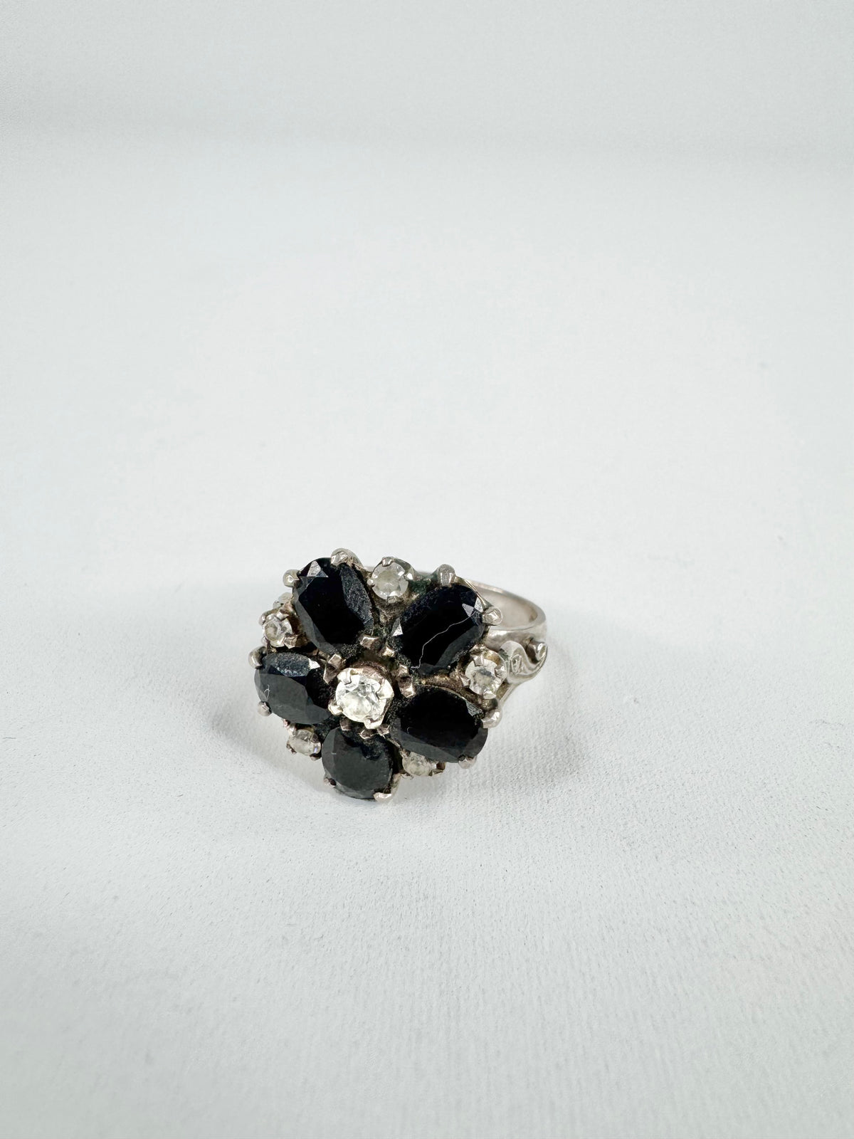 Vintage Silver Cubic Zirconia & Black Jewel Flower Ring