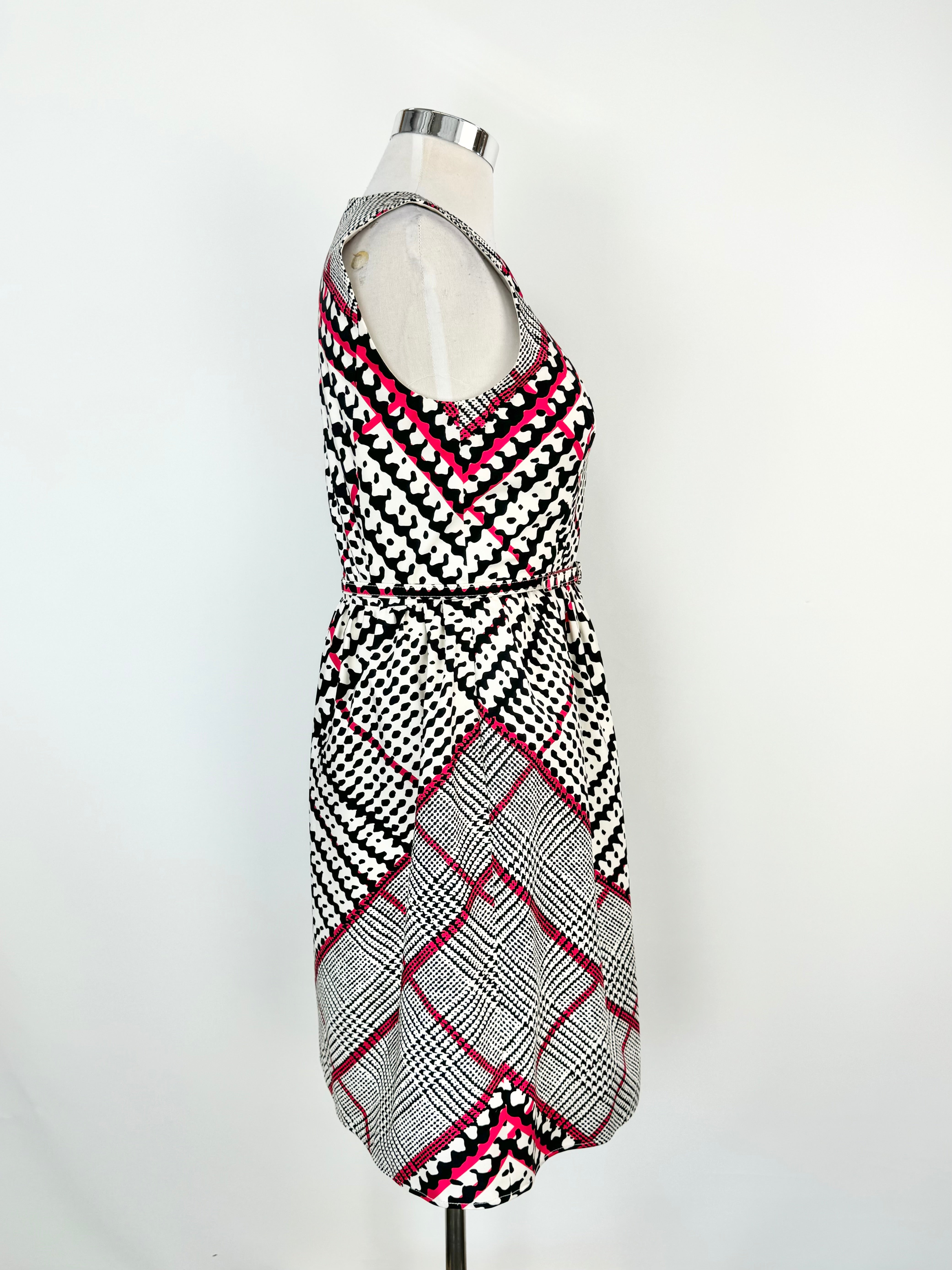 Oscar de la Renta White, Blue & Hot Pink Silk Midi Dress - AU12