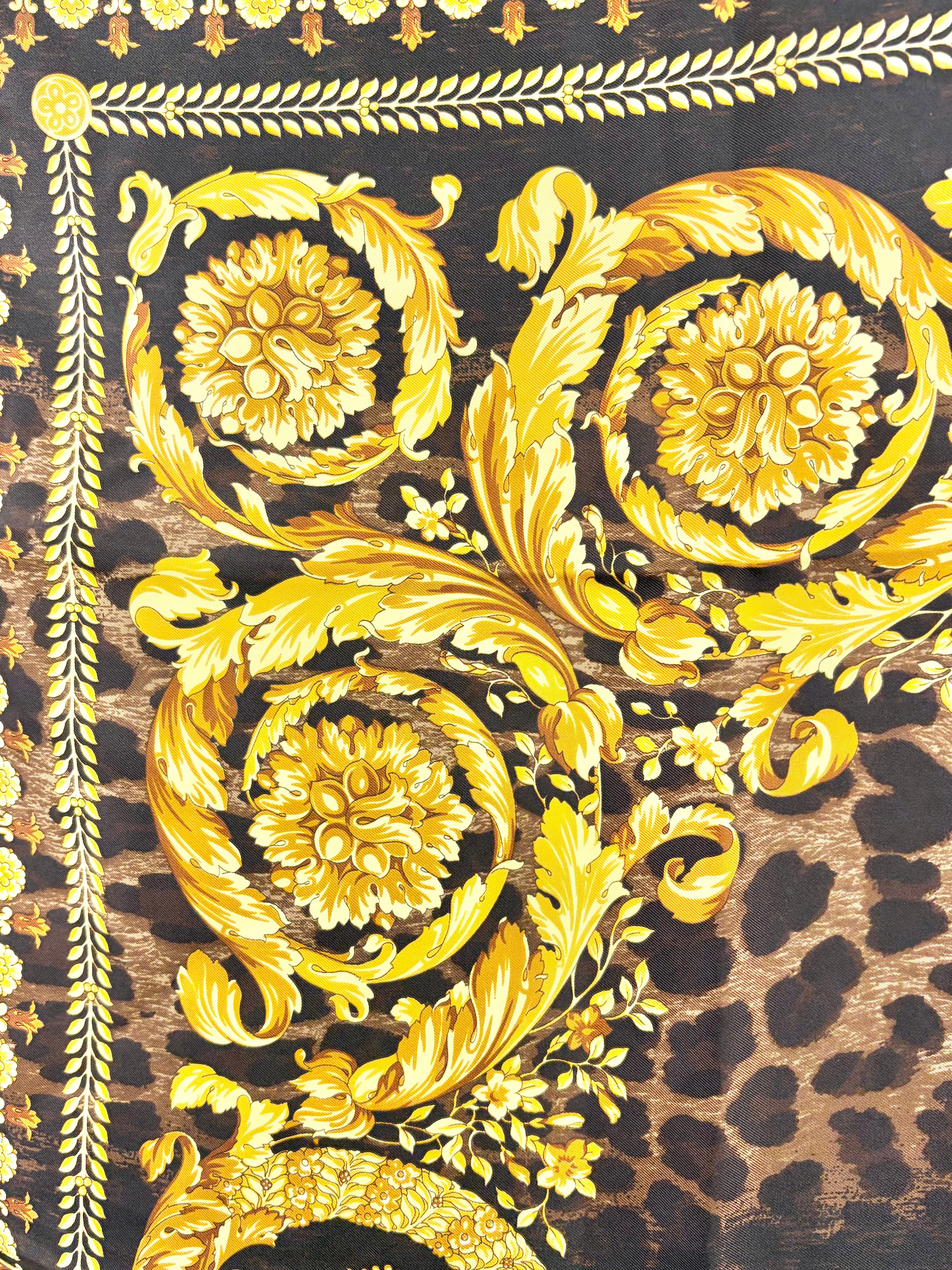 Versace Black Brocade & Leopard Print Hand-Rolled Silk Scarf