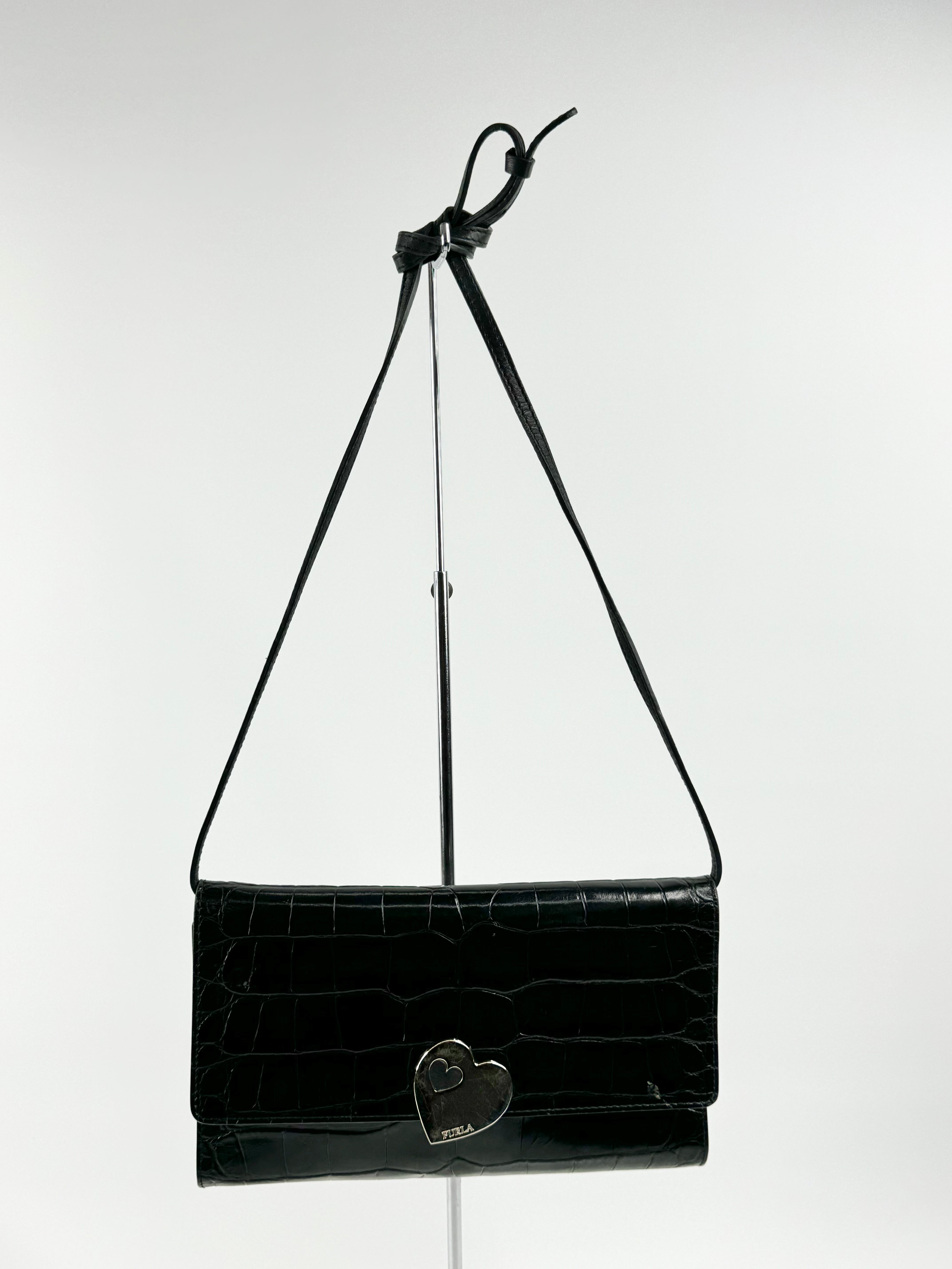 Furla Black Croc Textured Cross Body Bag