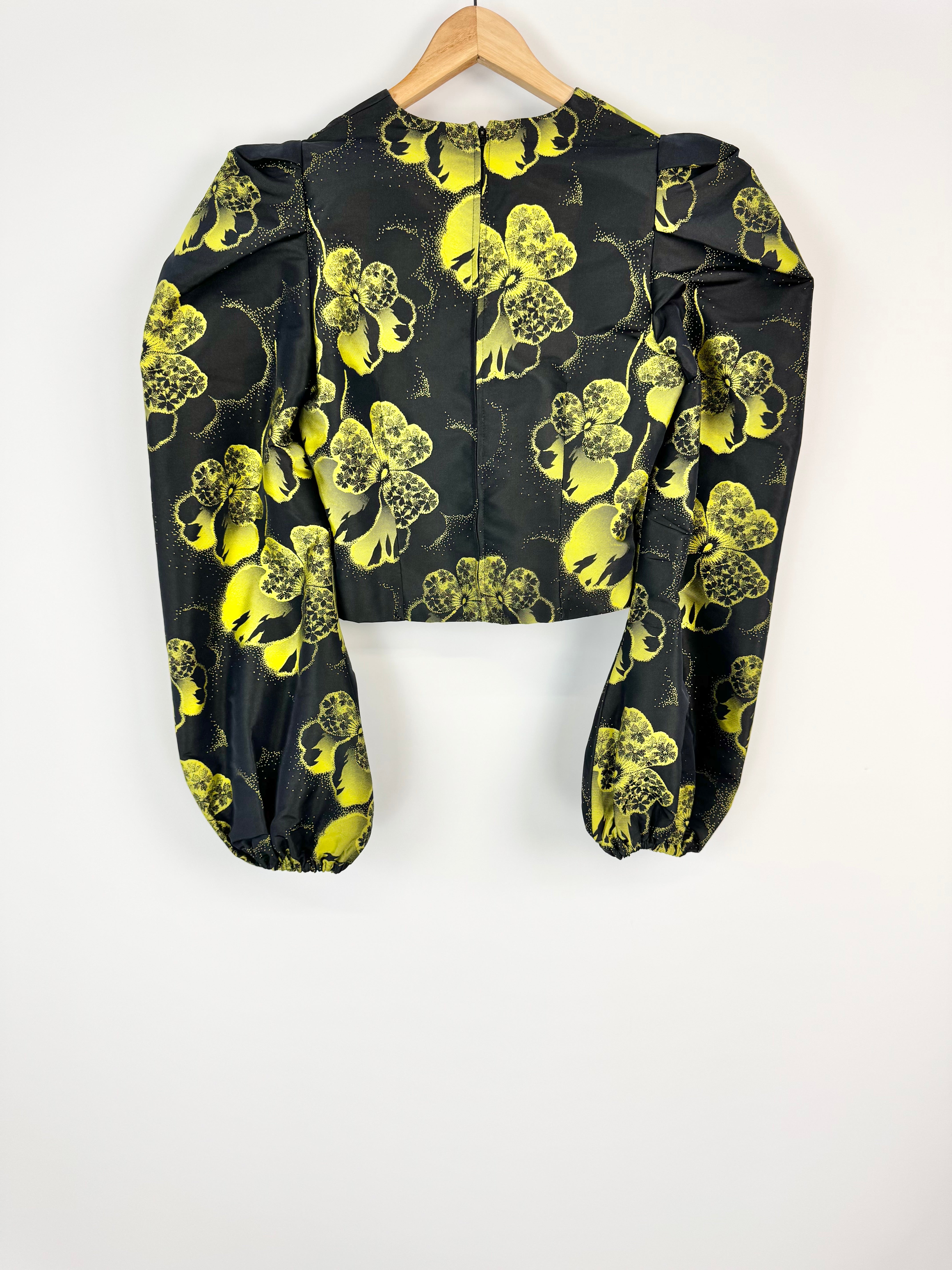 Scanlan Theodore 'Citrus' Black & Yellow Taffeta Balloon Sleeve Cropped Blouse