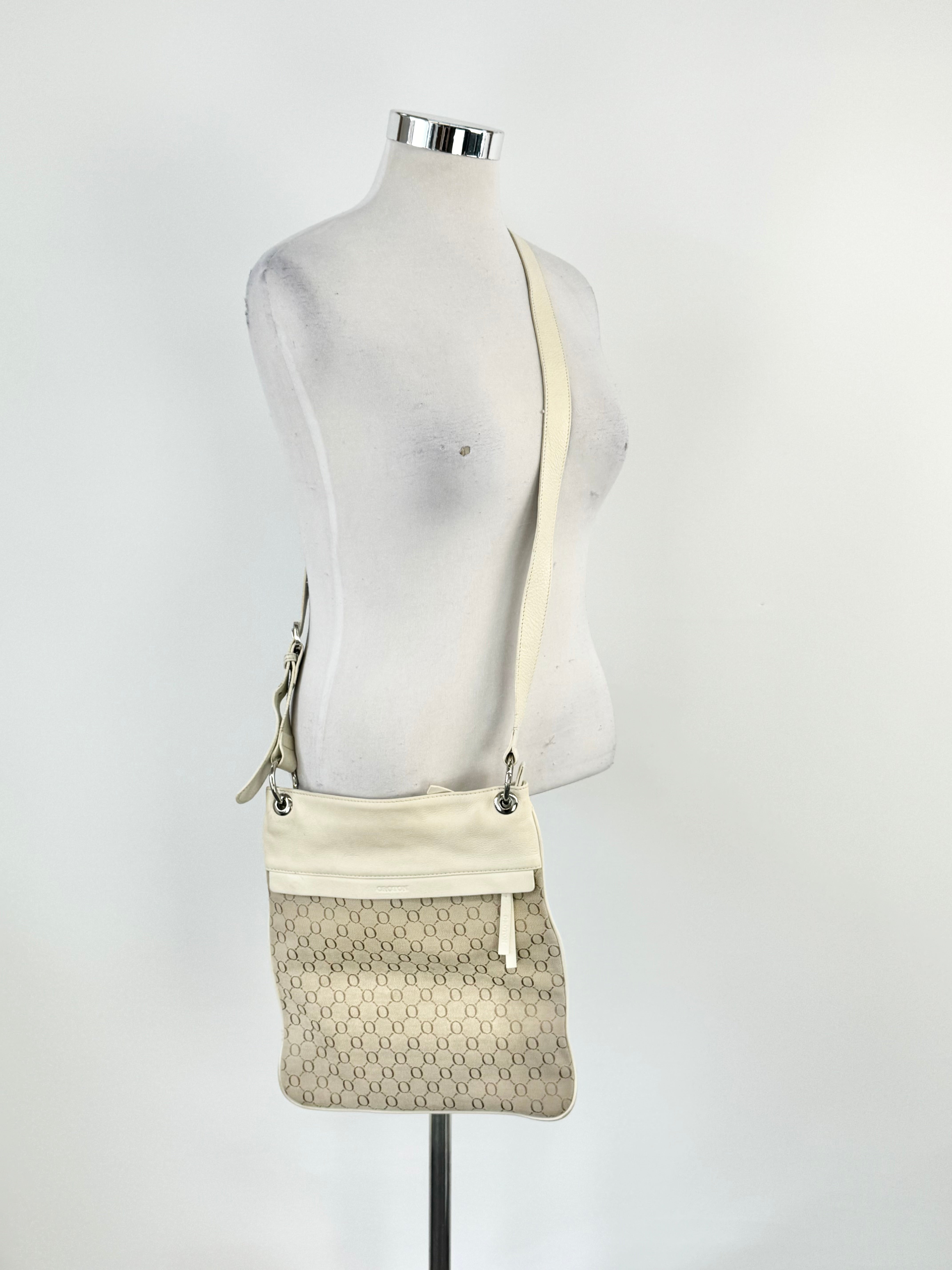 Oroton Cream Monogrammed Fabric & Leather Cross Body Bag