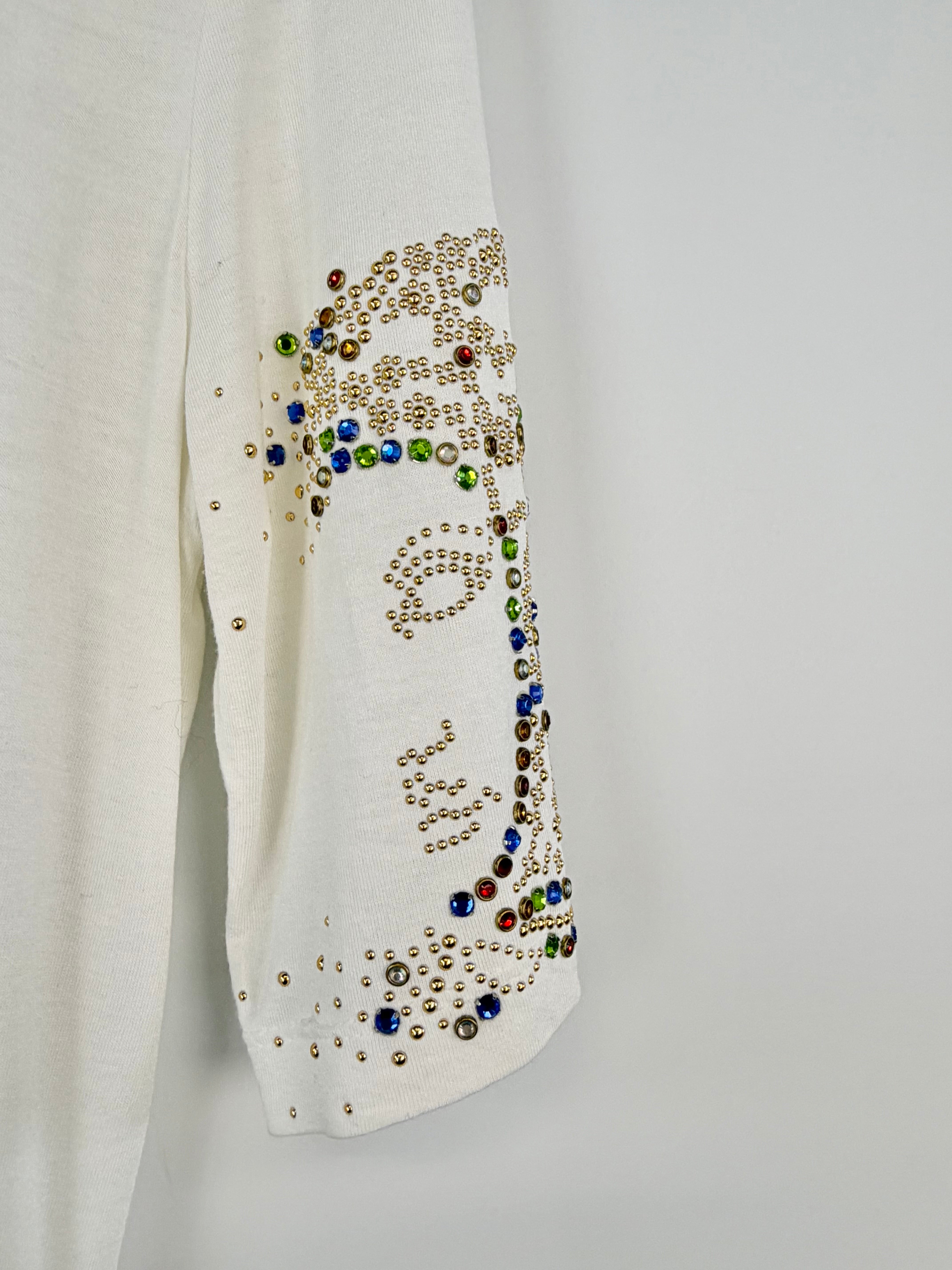 Versace White Rhinestone V-neck T-shirt - 42