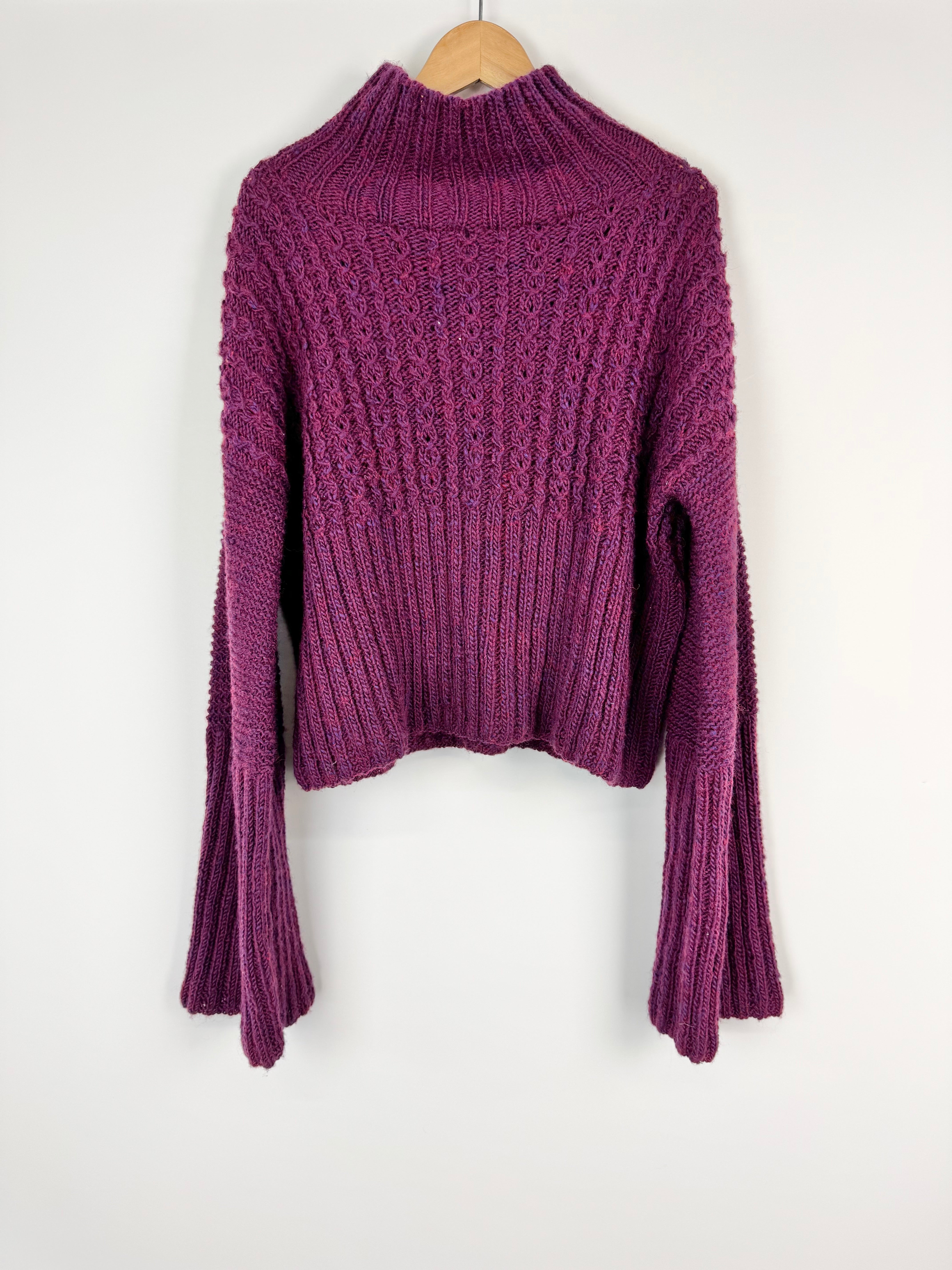 Akiranaka Boysenberry Handknitt Cable Knitted Bell Sleeve Sweater - AU10