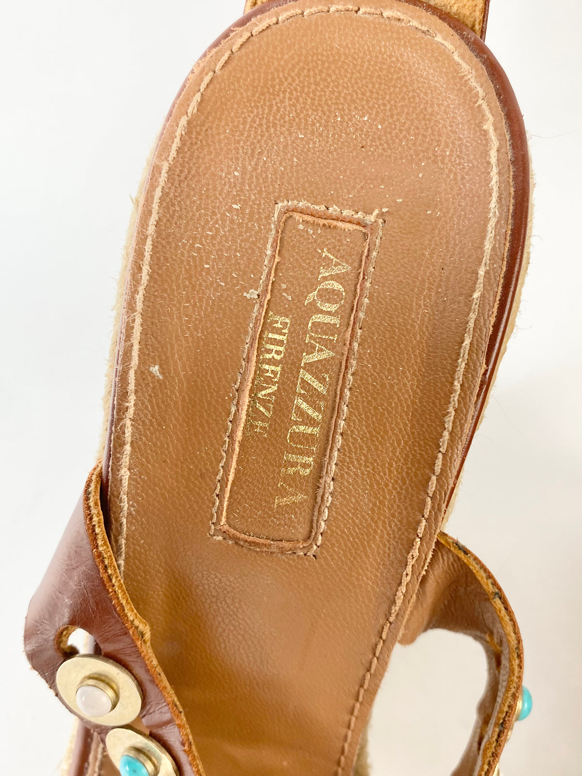 Aquazzura Tan Semi-Precious Stone Studded Wedges - EU38