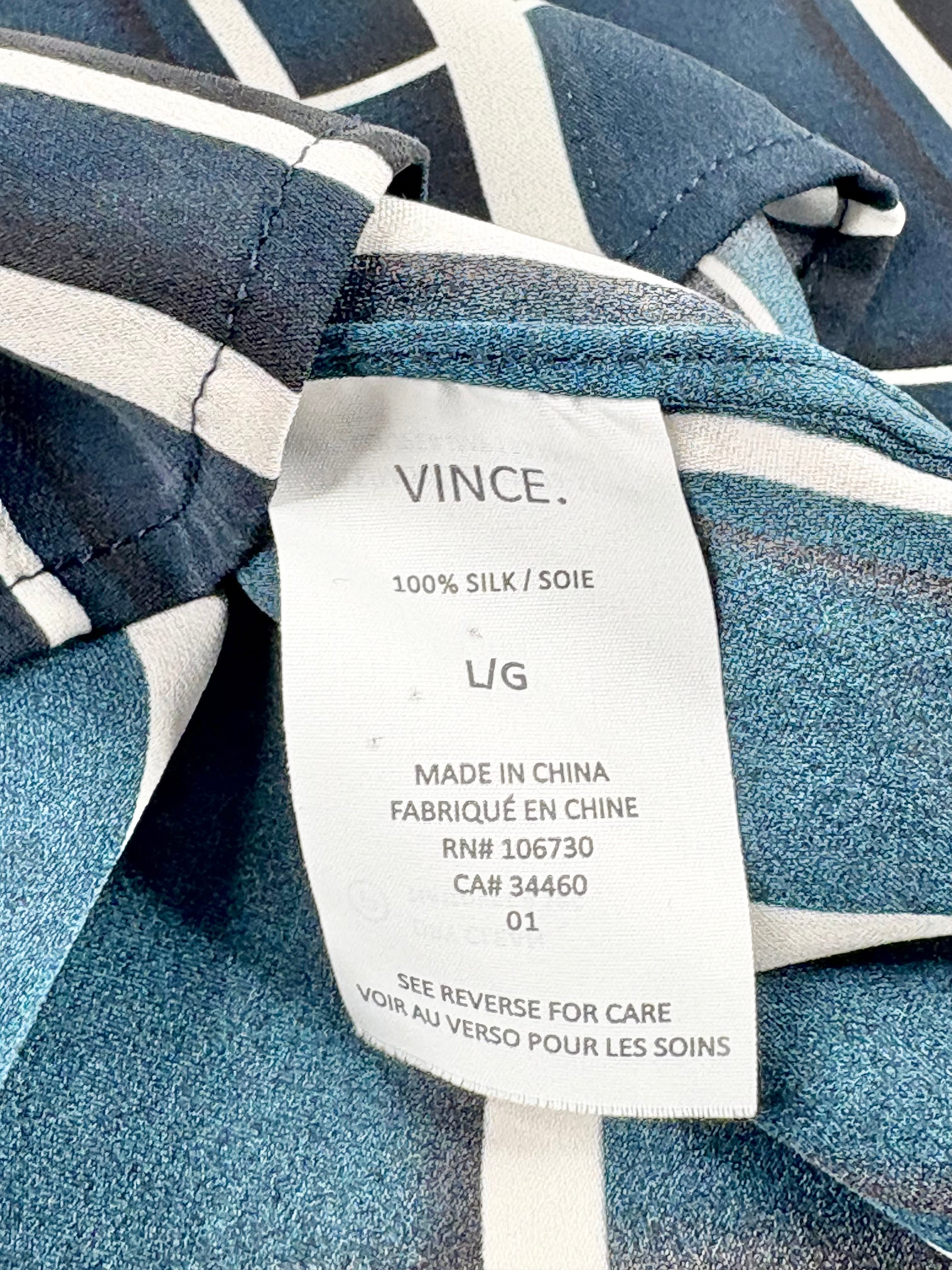 Vince Navy & White Silk Geometric Patterned Top - AU14/16