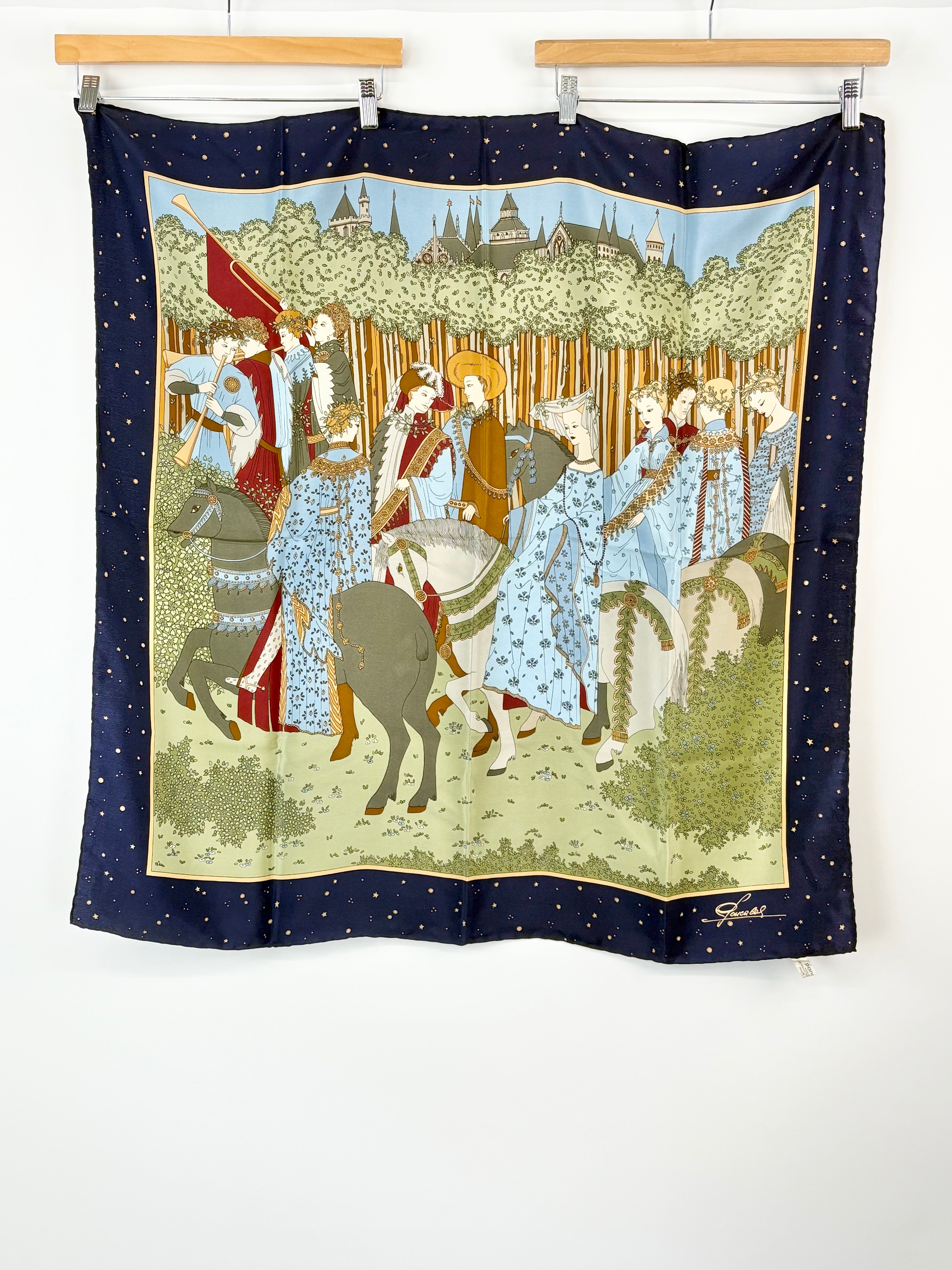Pancaldi Vintage Blue Village Scene Silk Scarf