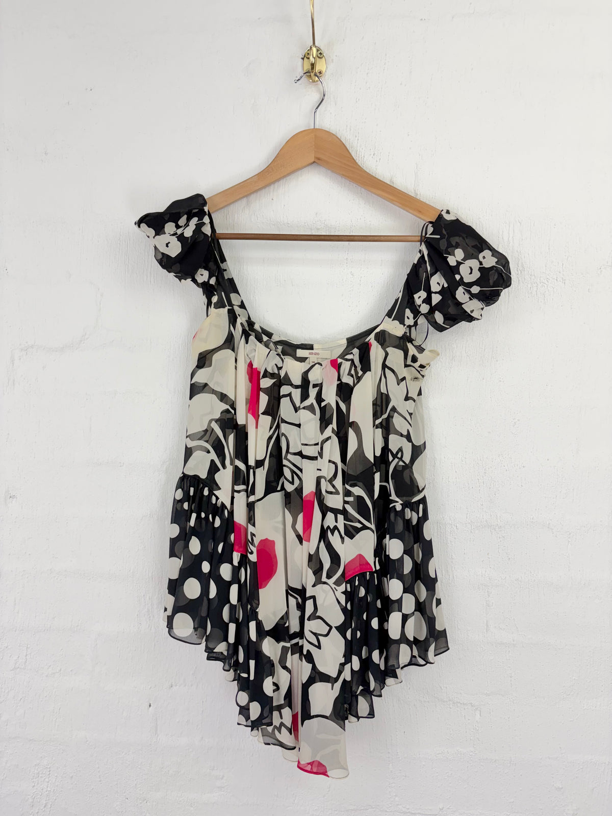 Y2K Kenzo Black, White & Pink Sheer Silk Asymmetrical Blouse - AU8