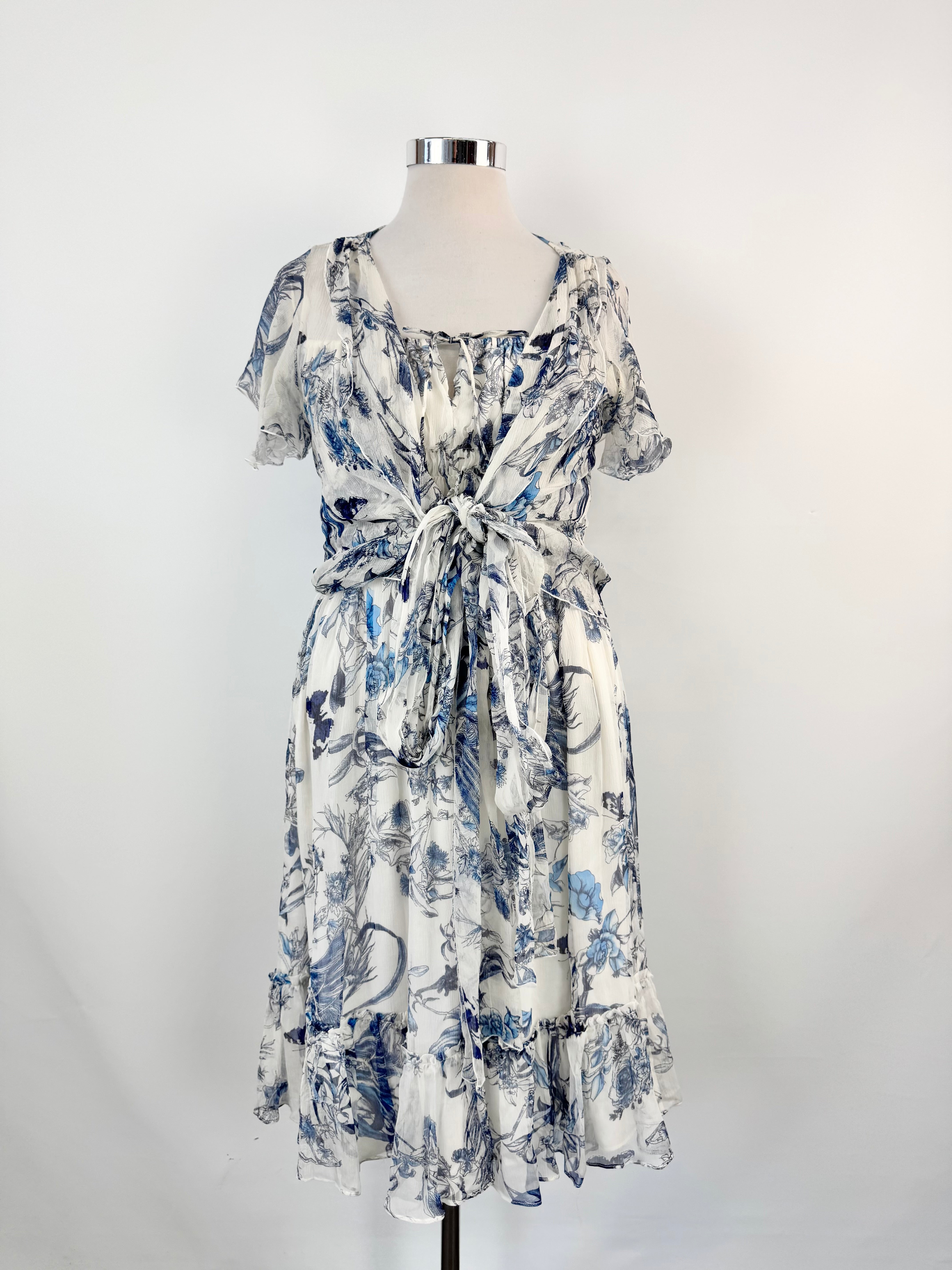 Carla Zampatti Blue White Toile Silk Dress & Blouse - AU12