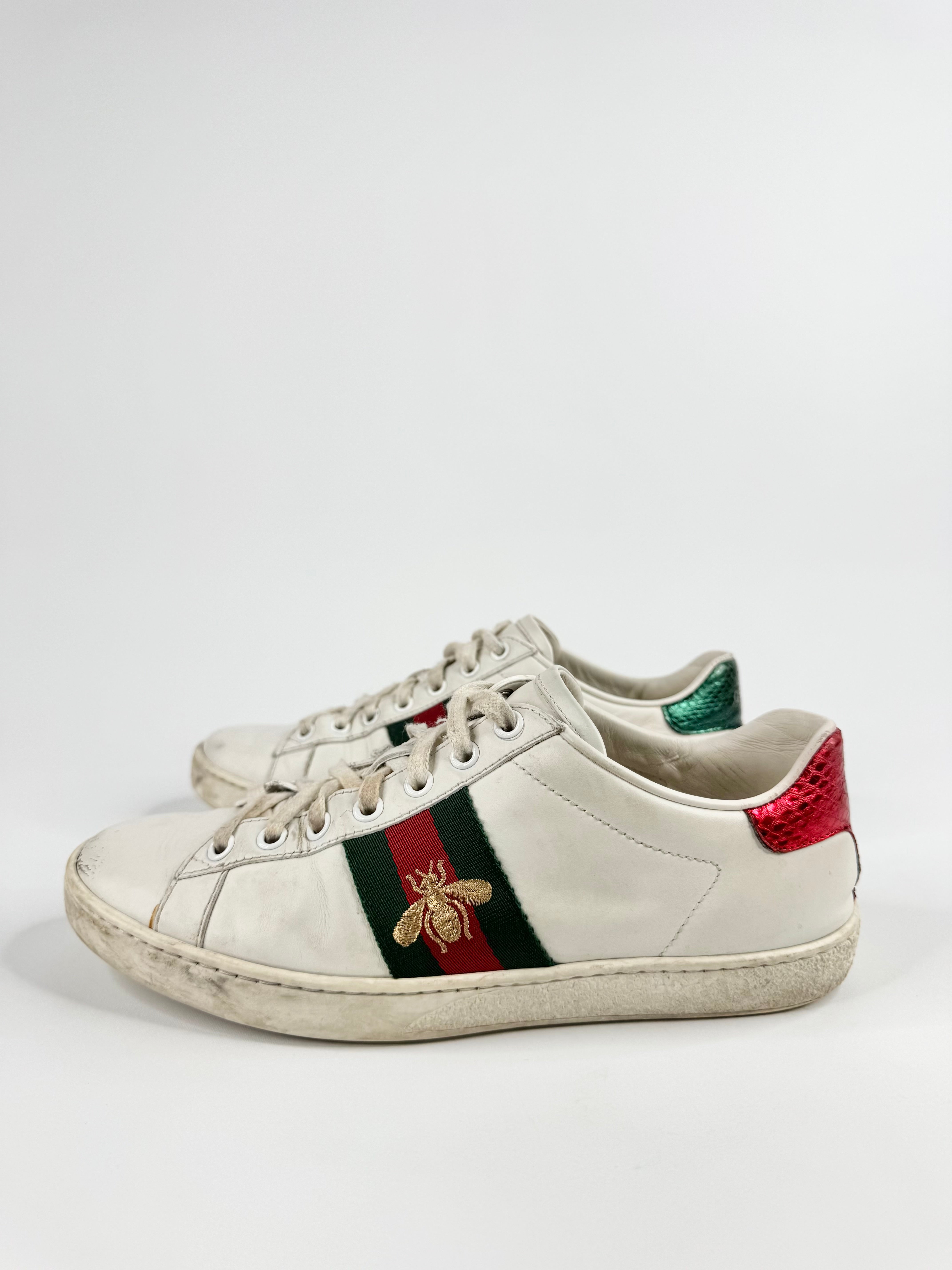 Gucci White Leather 'Ace' Bee Embroidered Sneakers - EU36.5