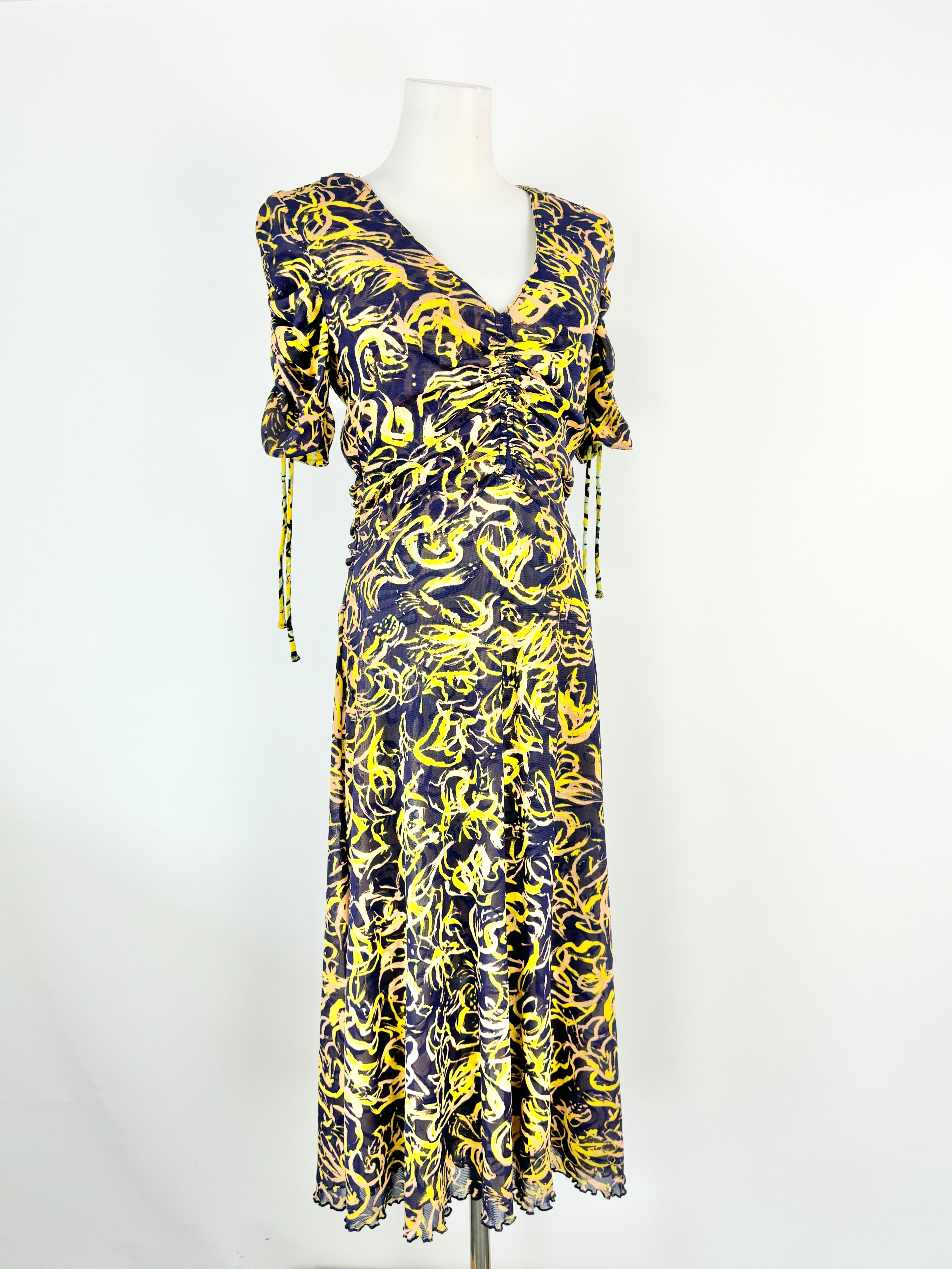 DVF 'In Charge' Yellow Patterned Ruched Dress - AU10/12