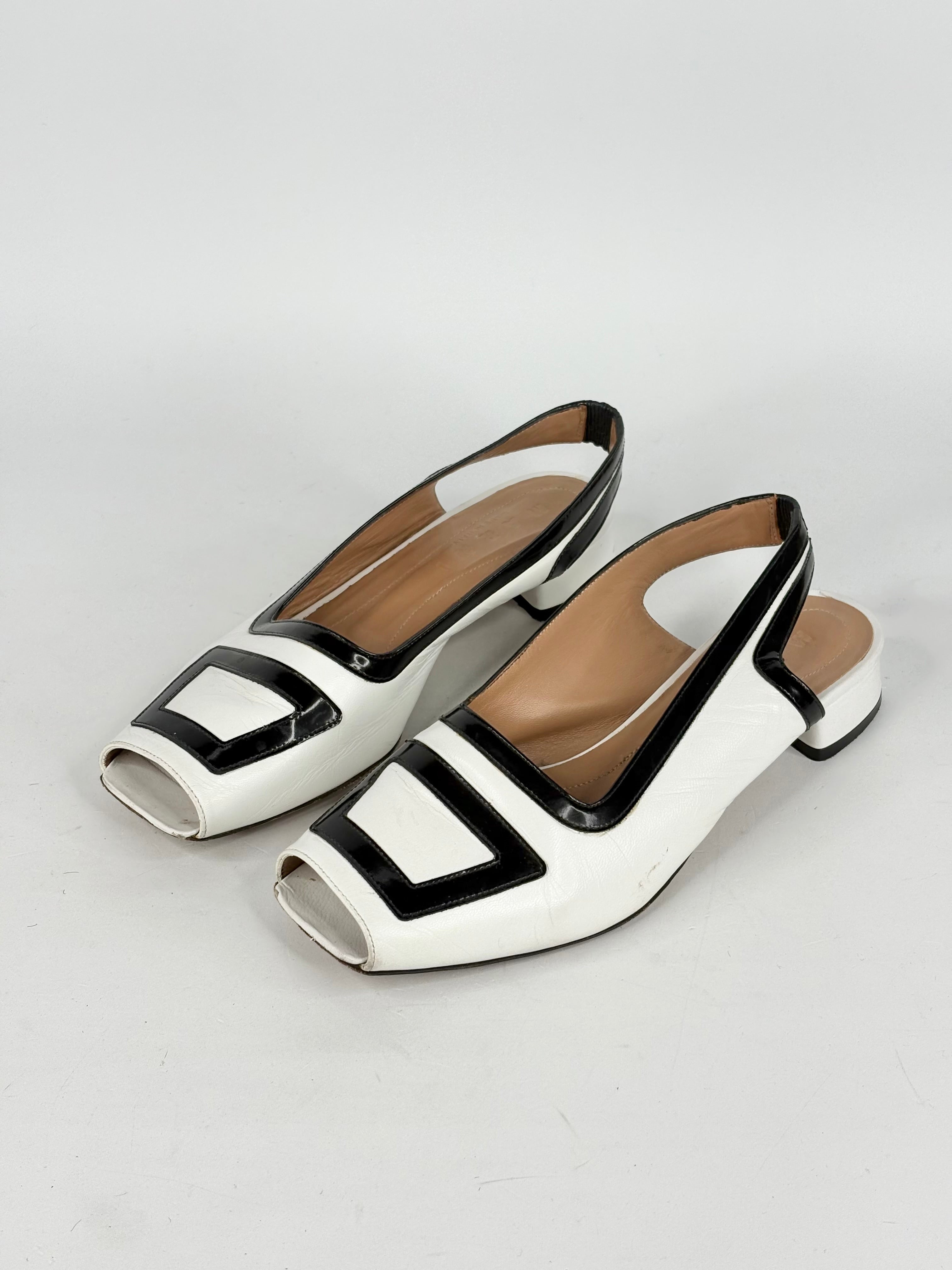 Marni White & Black Leather Geometric Peep-Toe Slingback Sandals - EU37