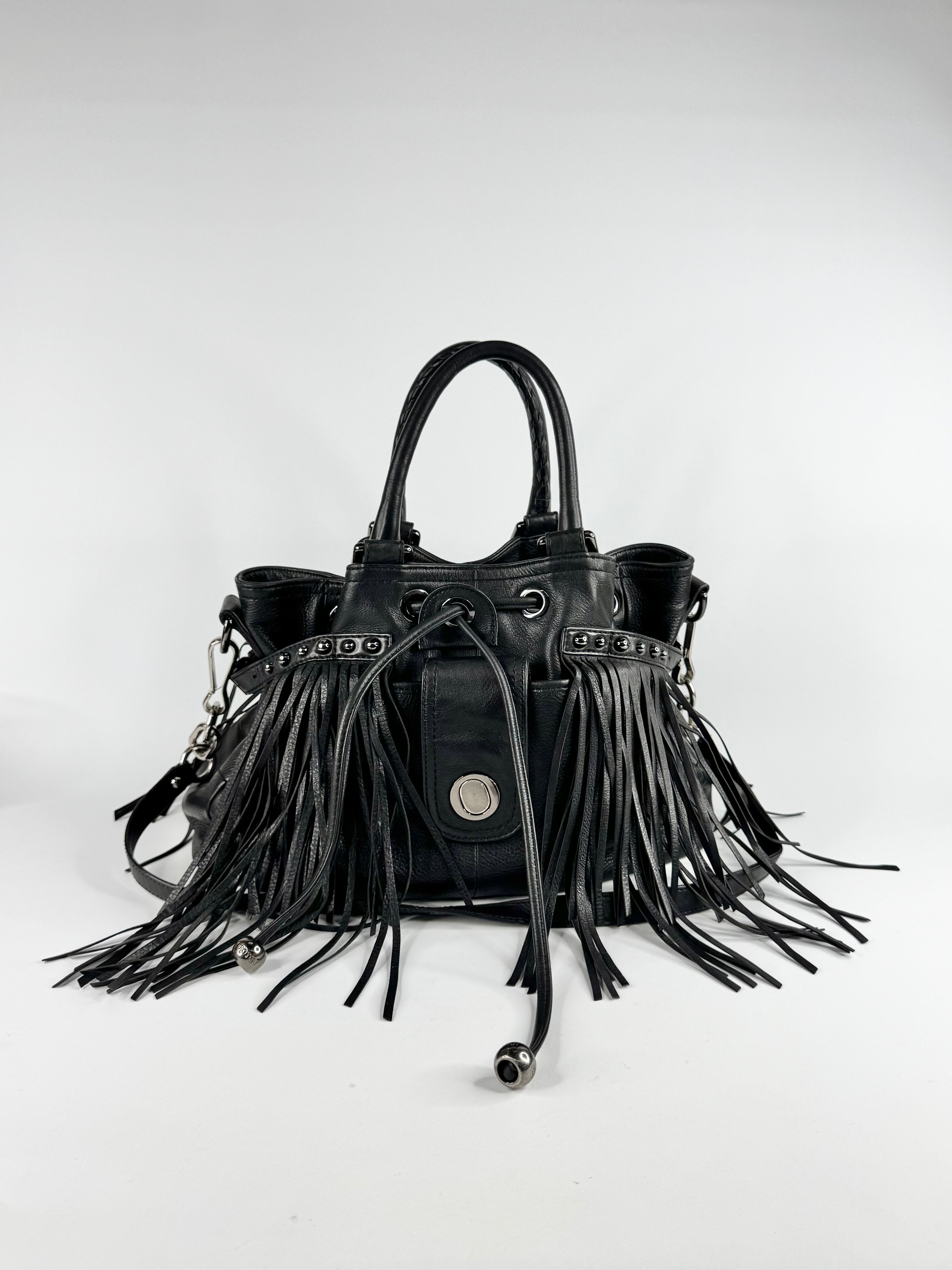Oroton Black Grained Leather Fringe Trim Handbag