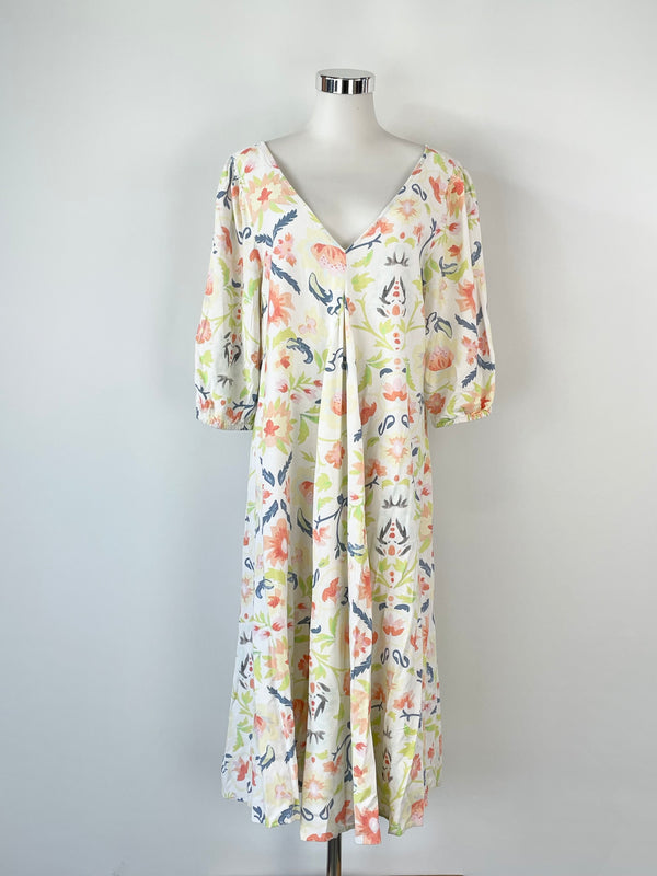 Binny White Floral Print Linen-Blend Midi Dress - AU10