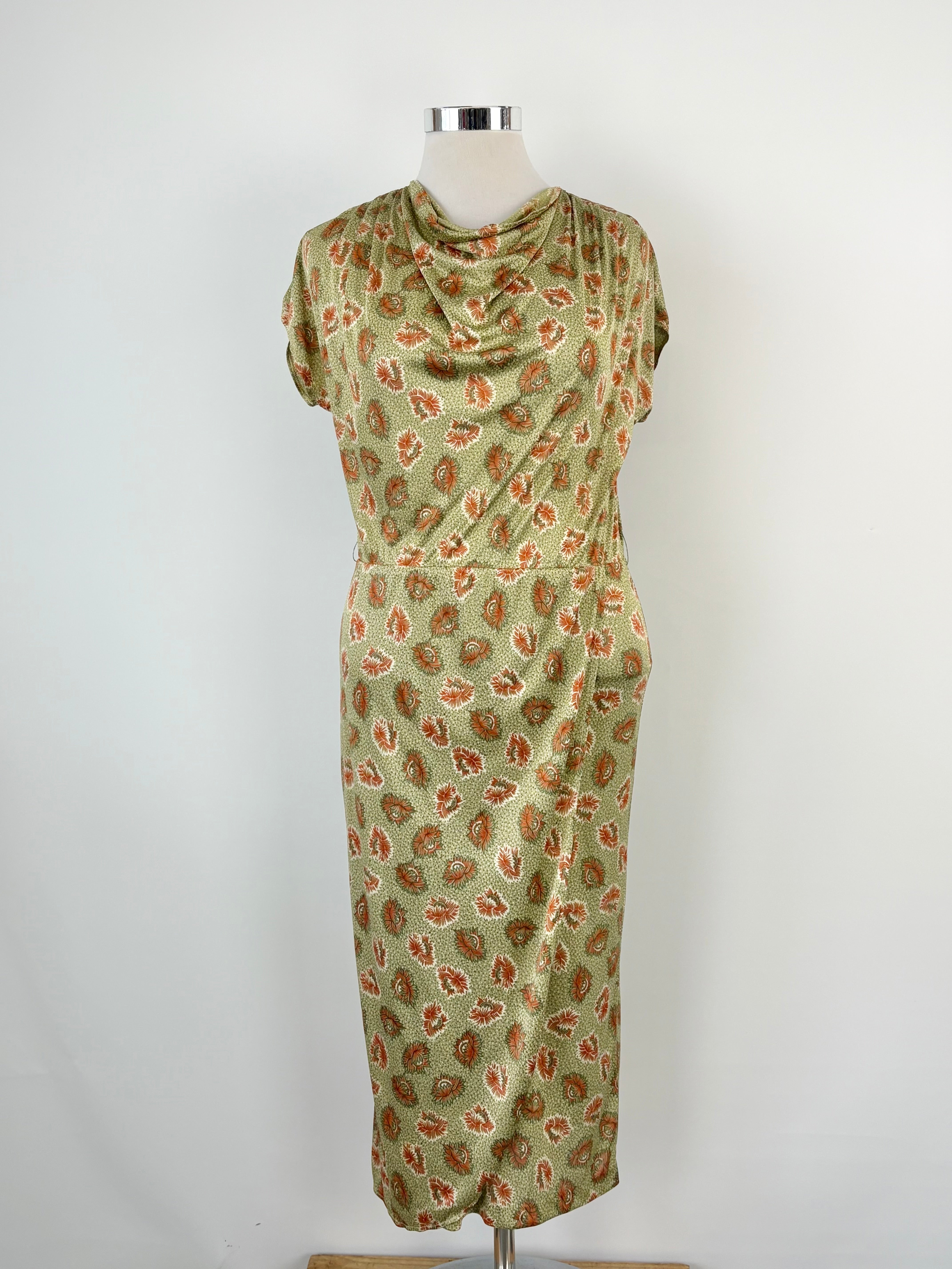 Ibis Peekaboo Olive Green Floral Midi Dress - AU10/12
