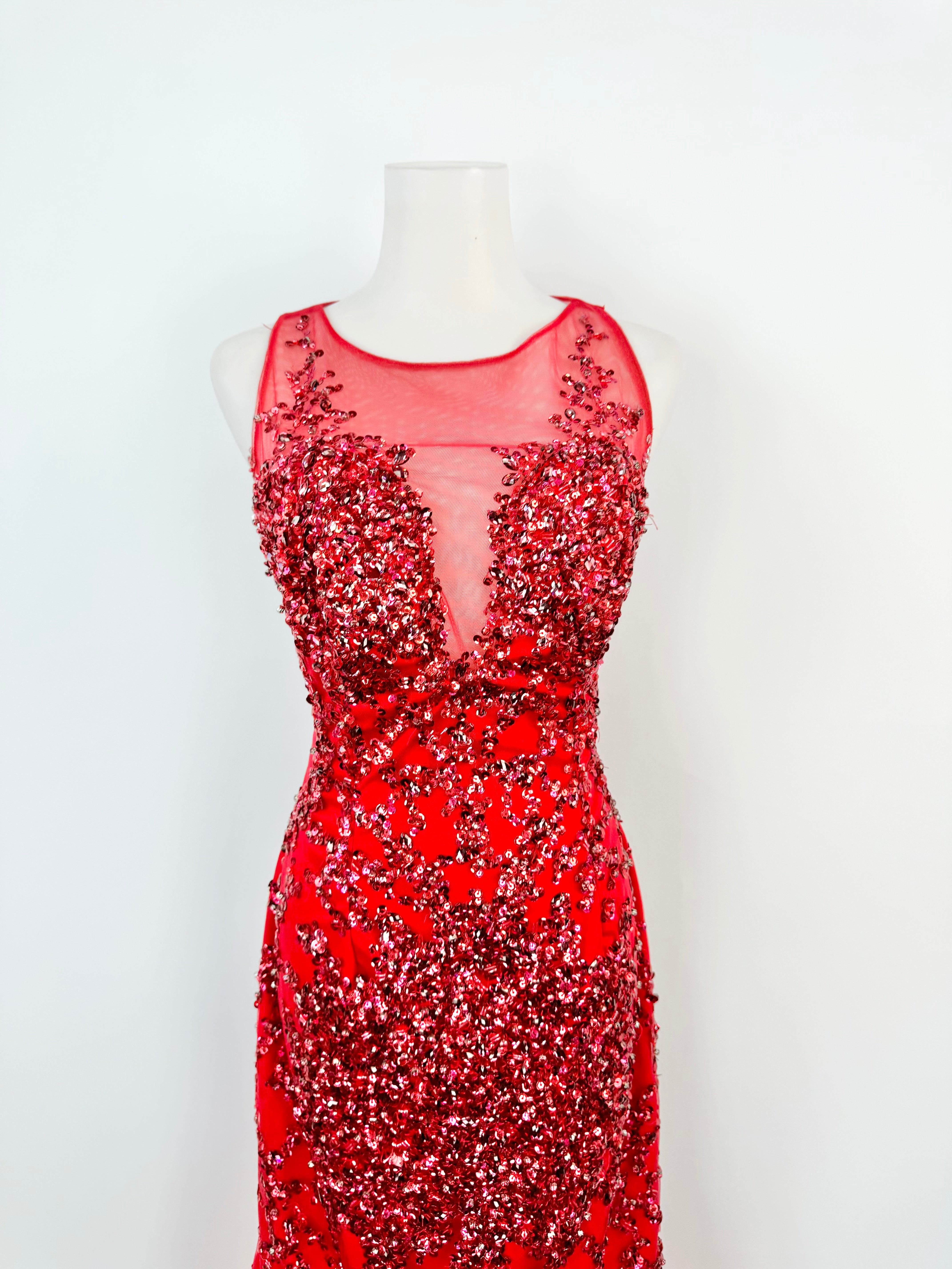 Portia & Scarlett Bright Red Sequin & Beaded Maxi Formal Dress - AU12