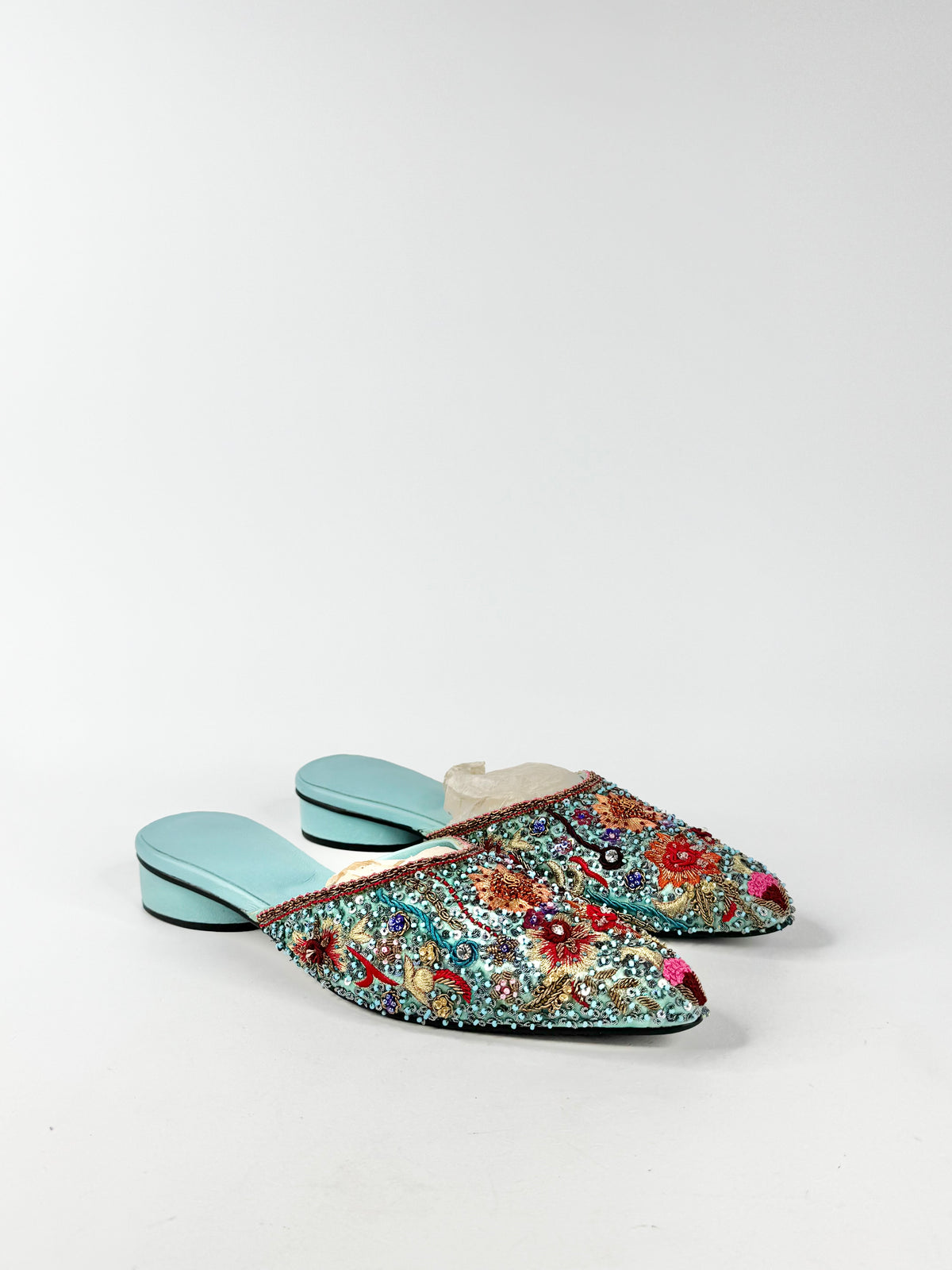 Aqua Hand Embroidered Mules - 9