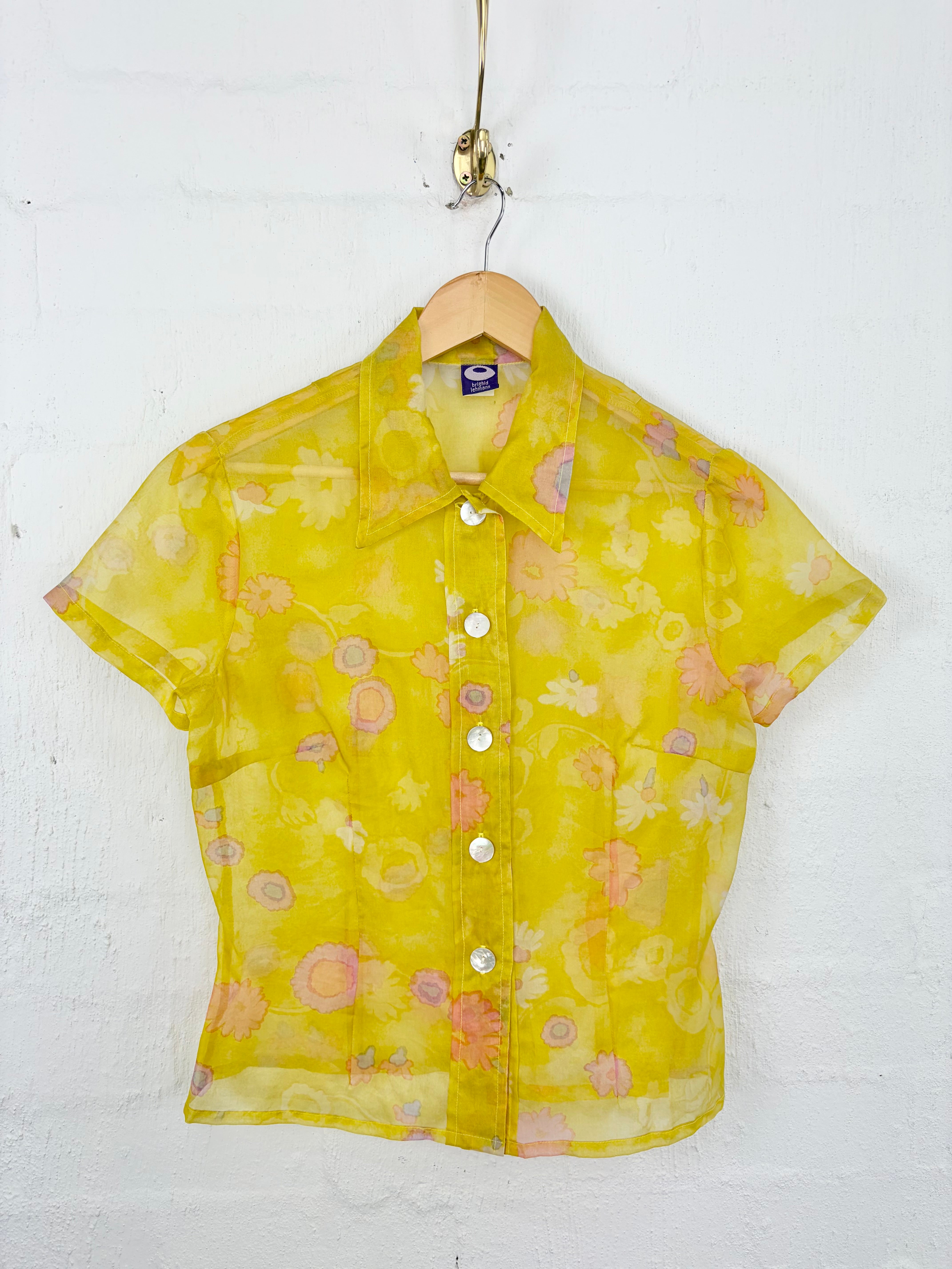 Brighid Lehmann Sheer Yellow Floral Patterned Silk Button Up Blouse - AU8/10