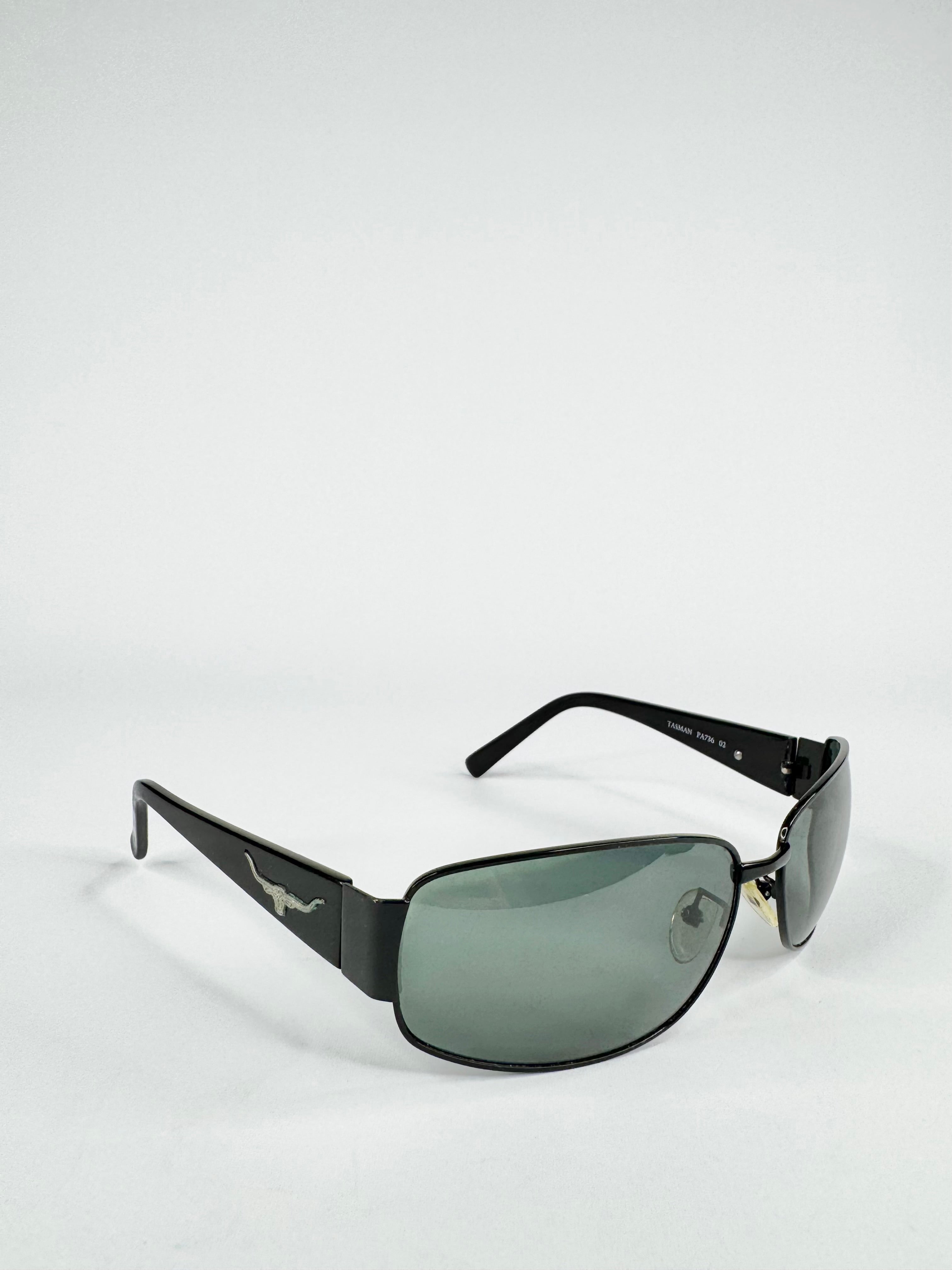 R.M. Wiliams Black Rectangular 'Tasman' Black Tint Sunglasses