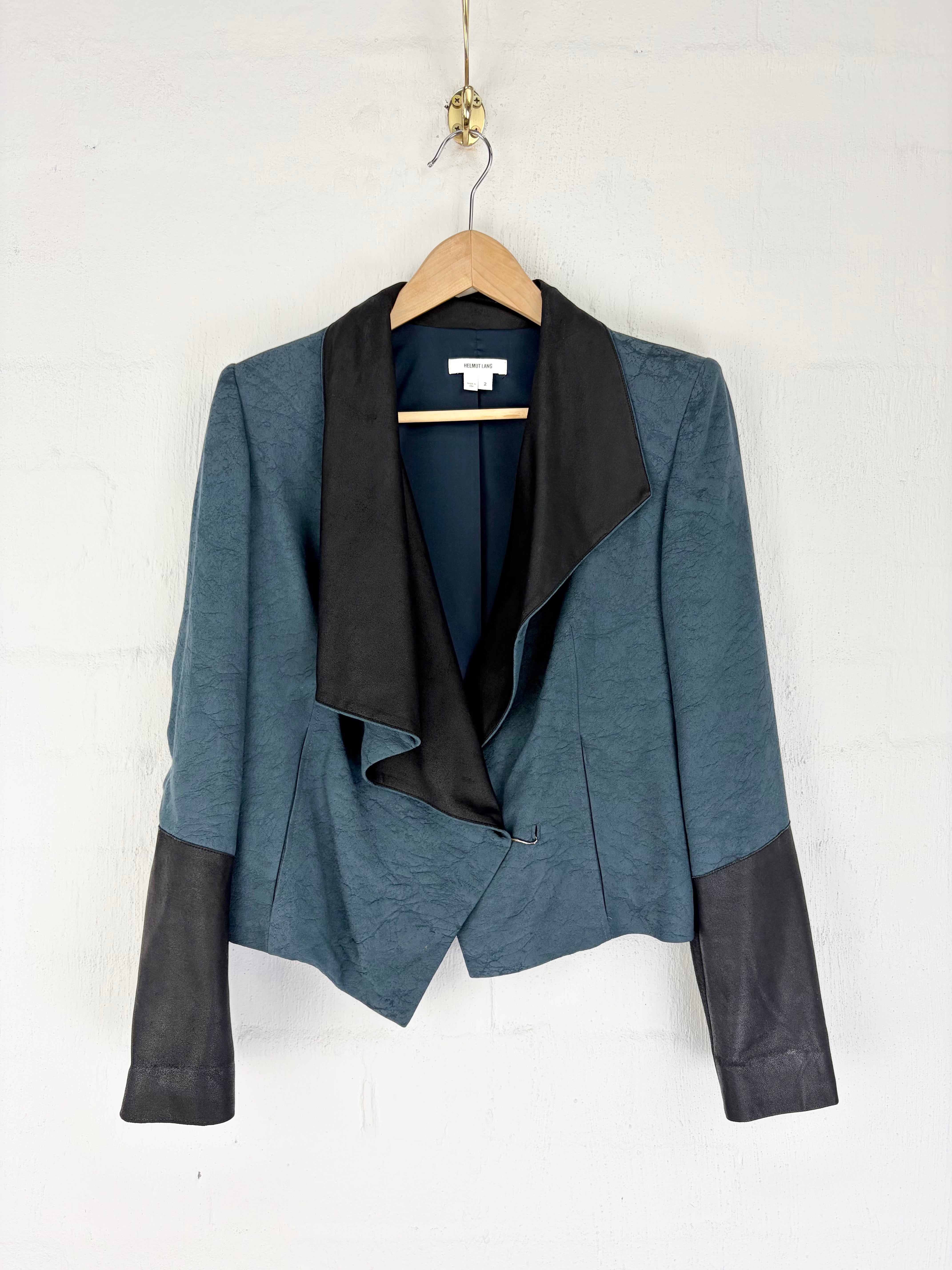 Helmut Lang Crushed Satin & Leather Petrol & Black Blazer - AU8/10