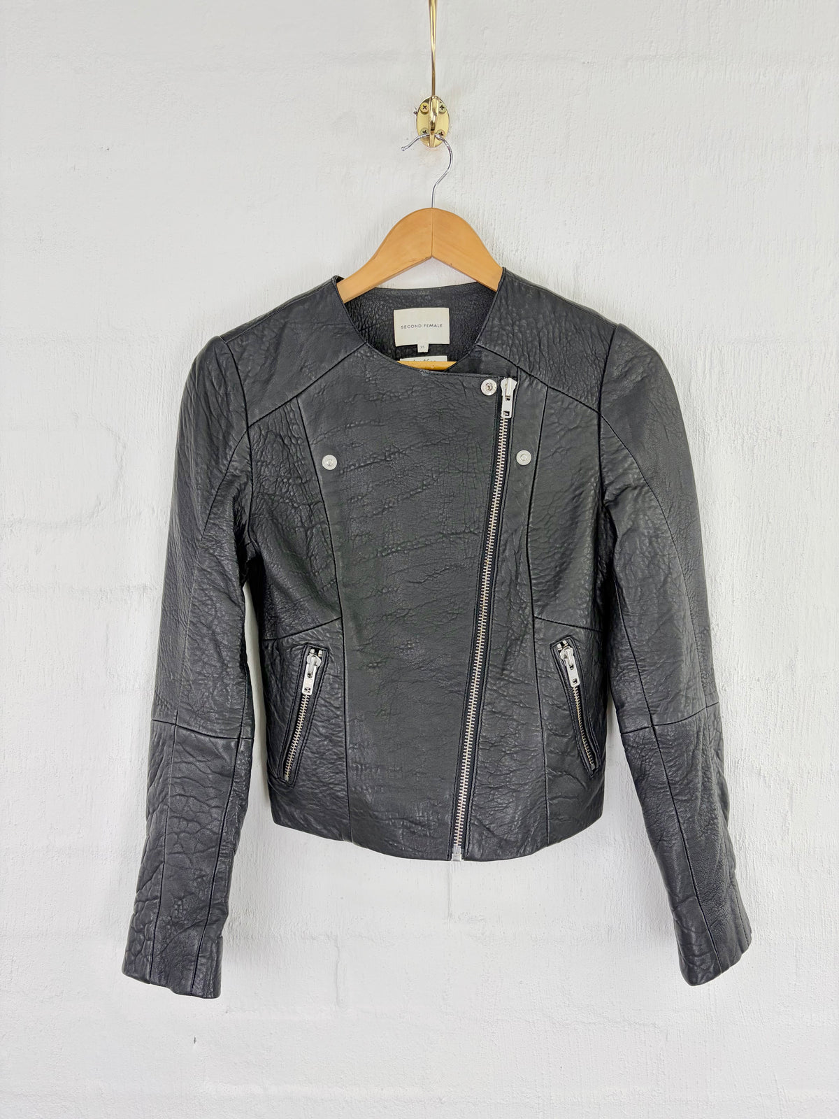 Second Female Black Grained Leather Biker Jacket - AU6