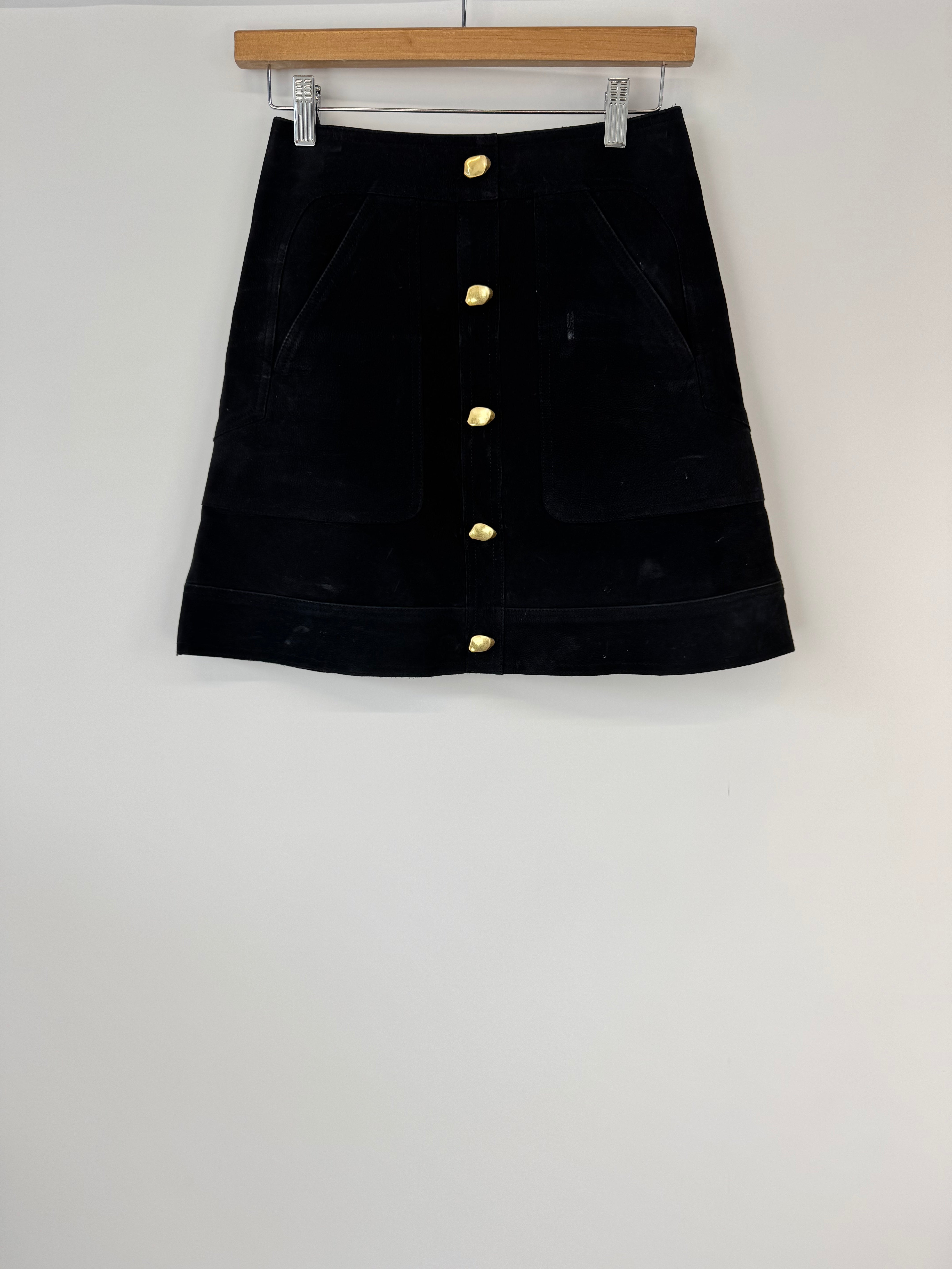 Aje Black Suede & Gold Button A-Line Mini Skirt - AU4