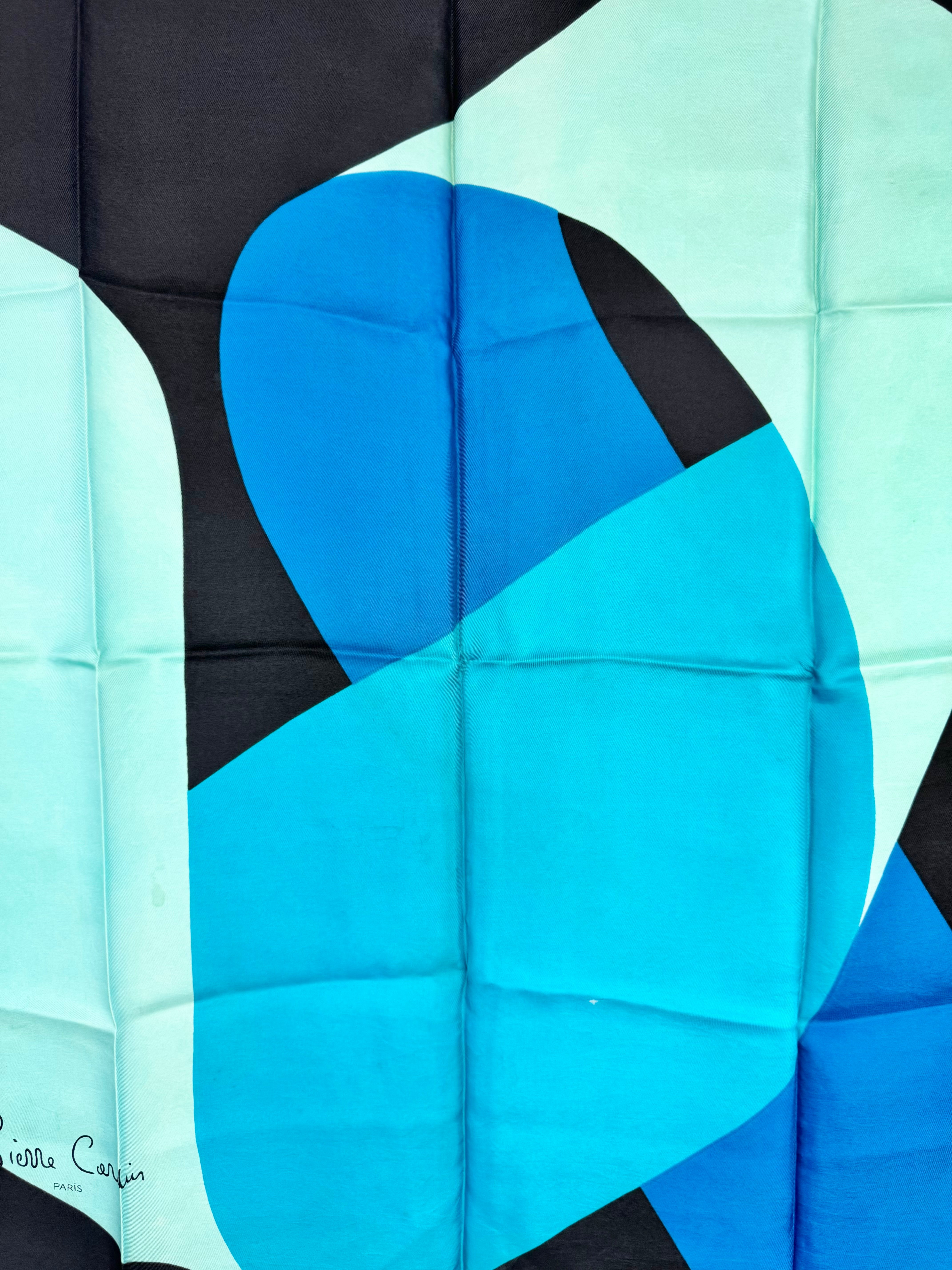 Vintage Pierre Cardin Blue Abstract Pattern Hand-Rolled Silk Scarf