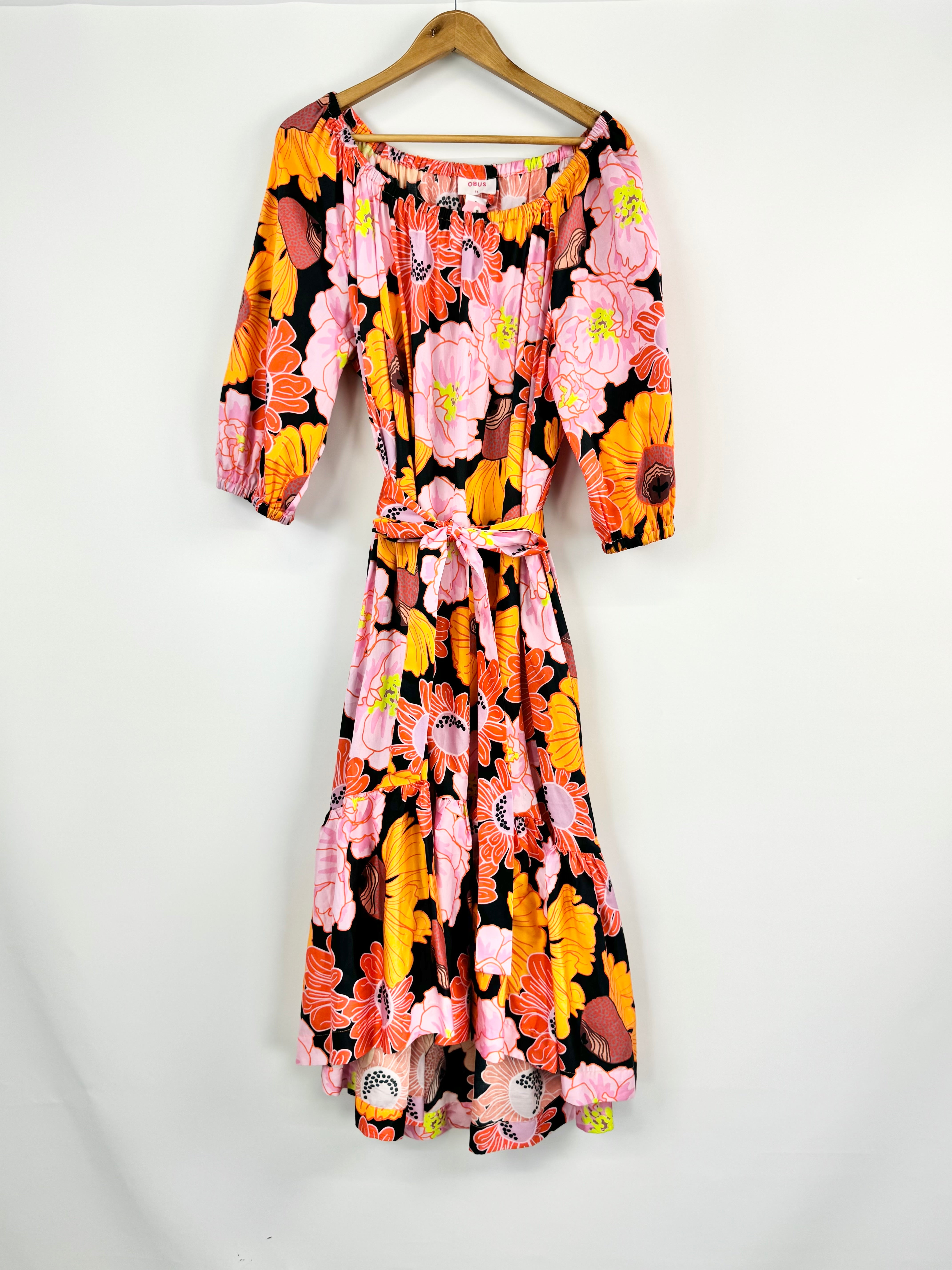 Obus Black & Pink Retro Floral Maxi Dress - AU14
