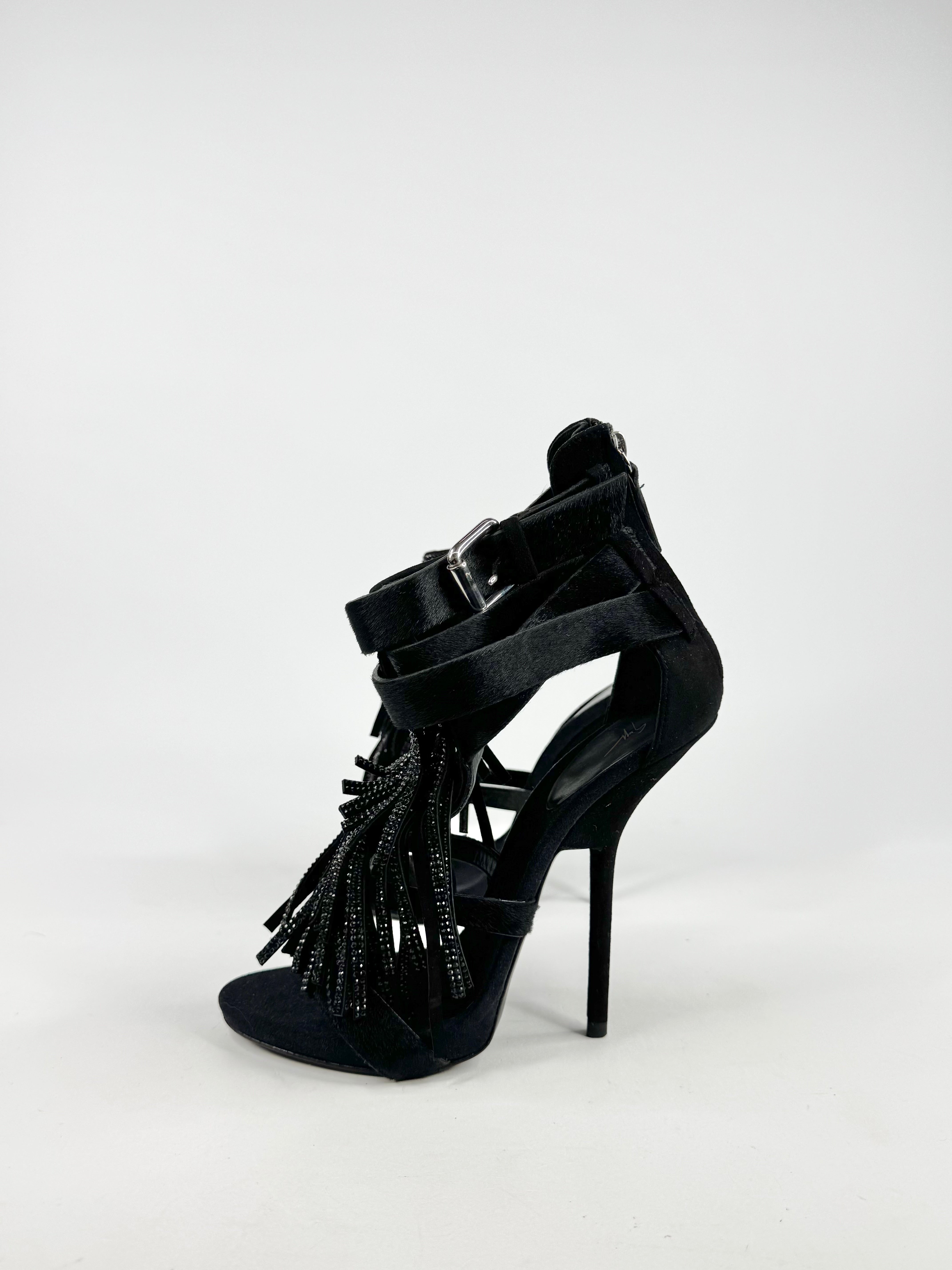 Giuseppe Zanotti Black Swarovski Embellished Fringed Leather Stilettos - EU39