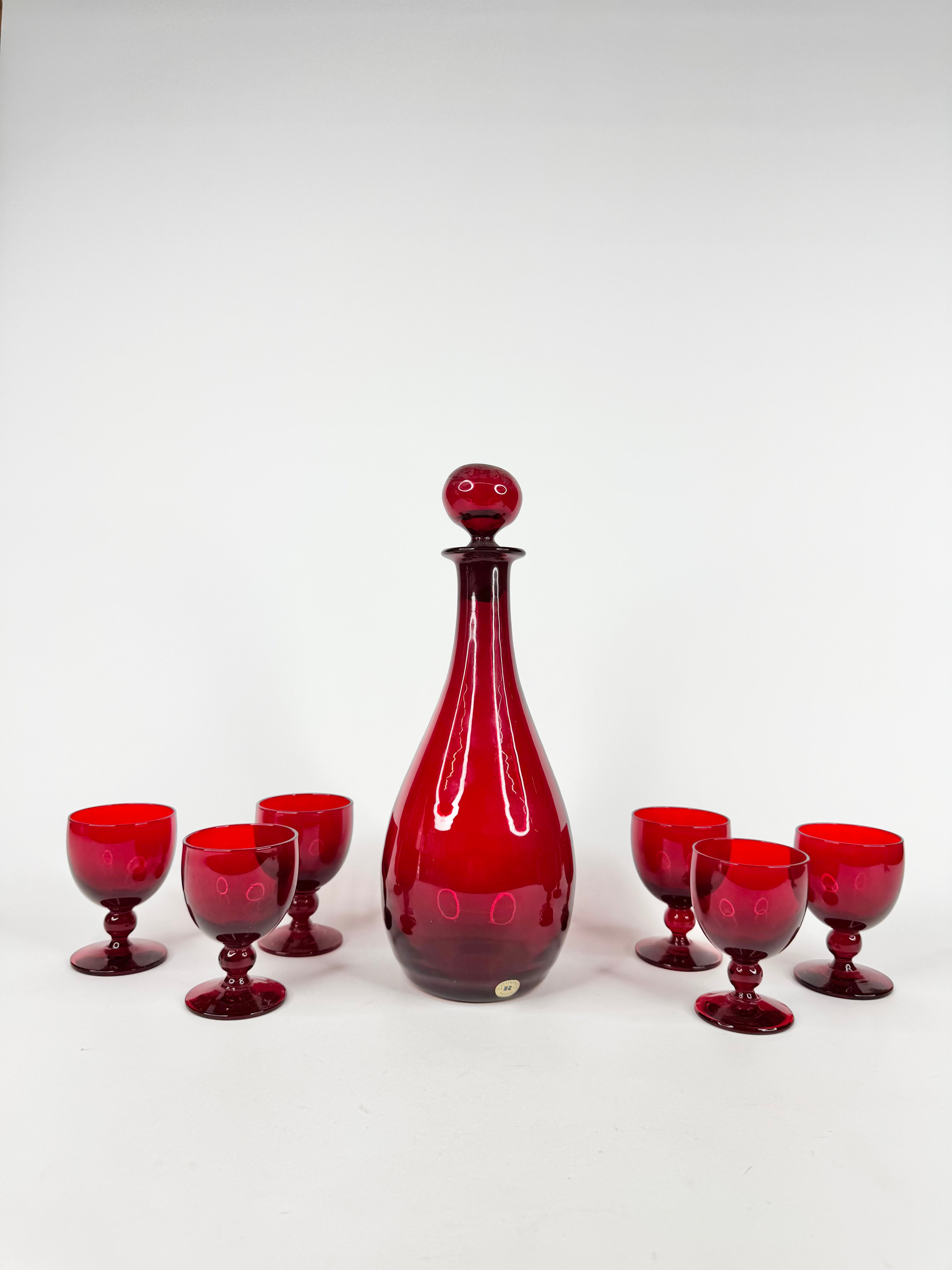 Reijmyre of Sweden Red Glass Bottle and Six Port Glasses