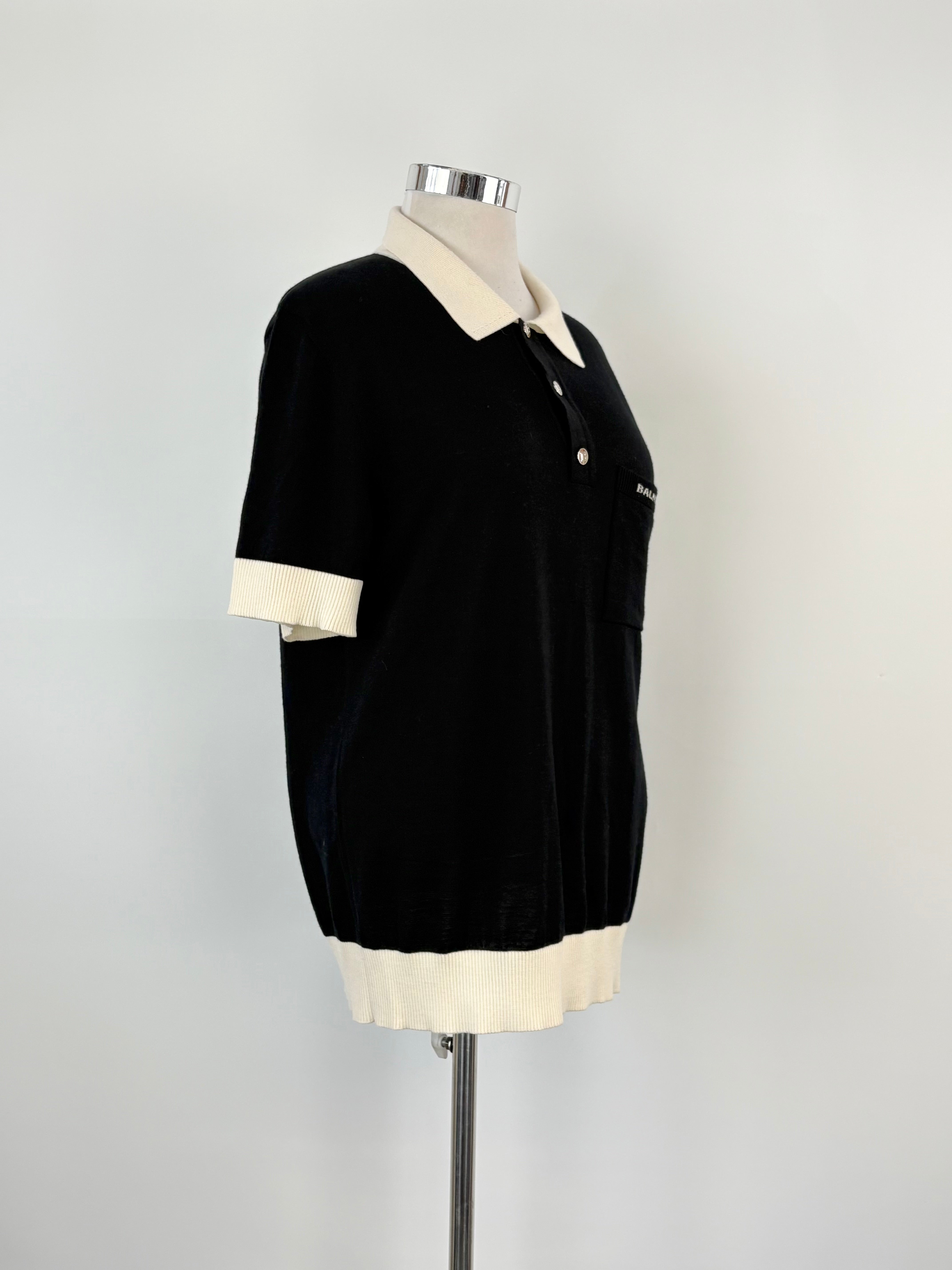 Balmain Black & Cream Trims Wool Polo - XXL
