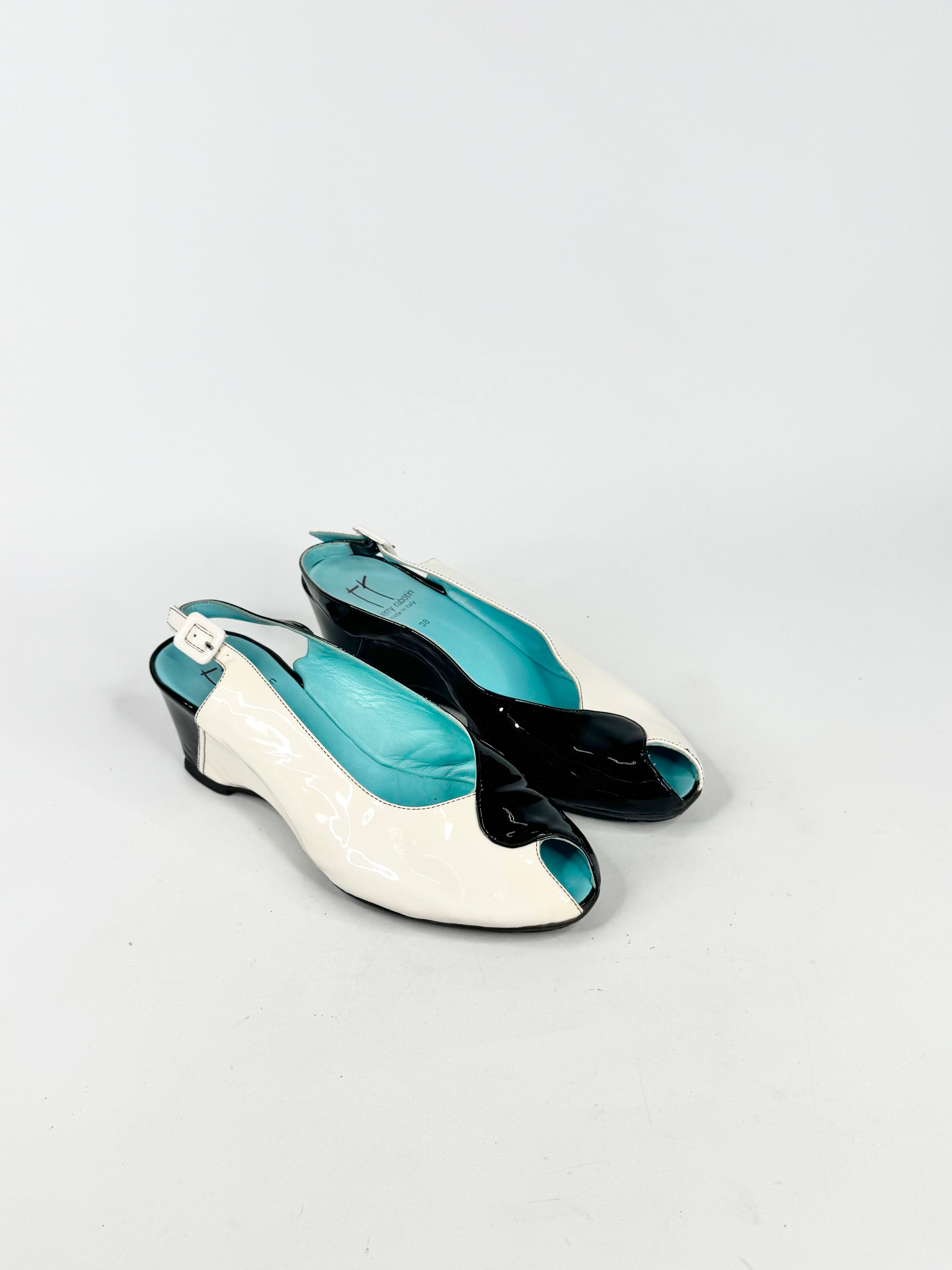 Thierry Black & White Patent Leather Peep Toe Wedges - EU38