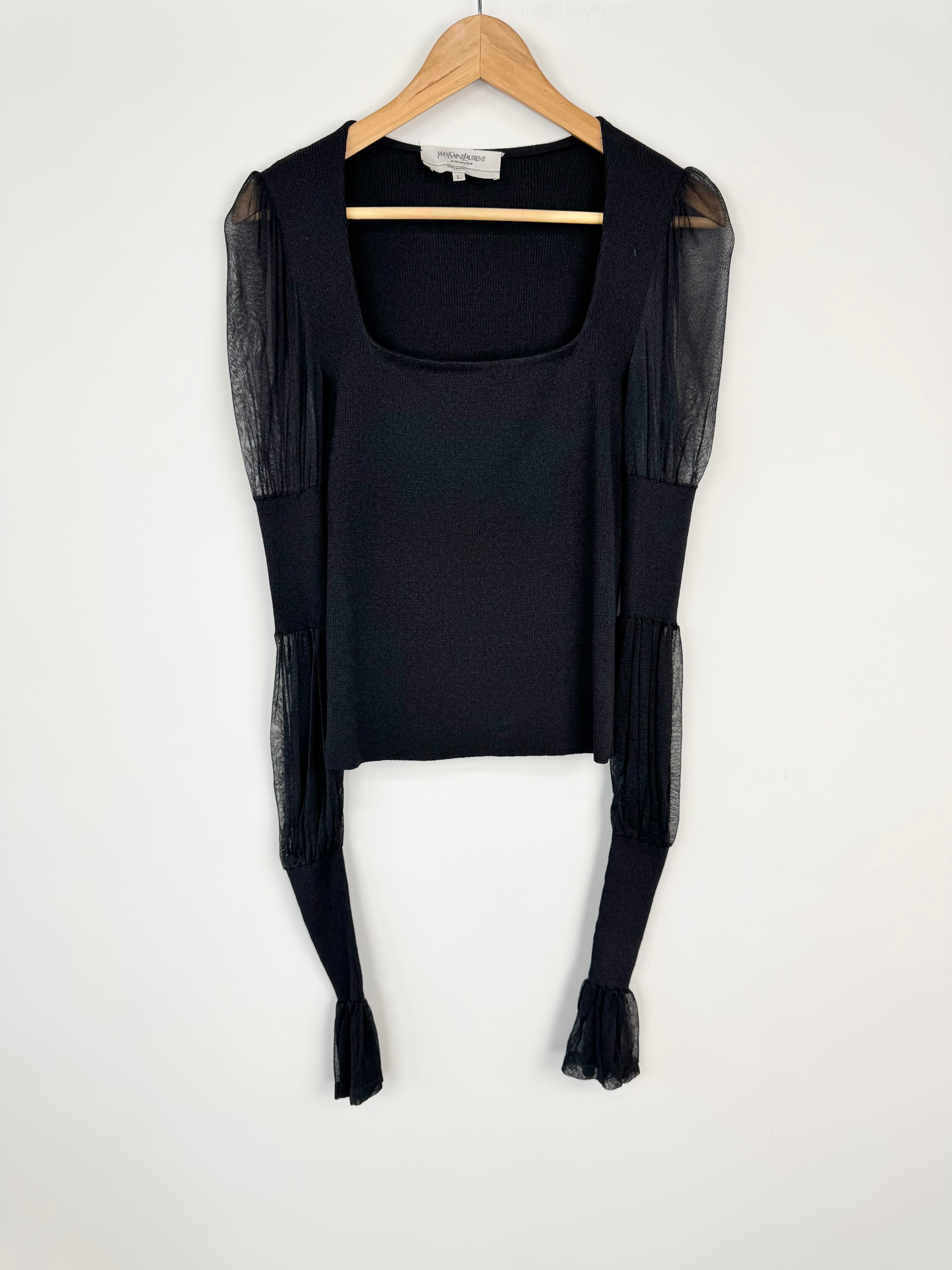 Vintage Yves Saint Laurent Rive Gauche Black Square Neck Long Sleeve Blouse - AU12