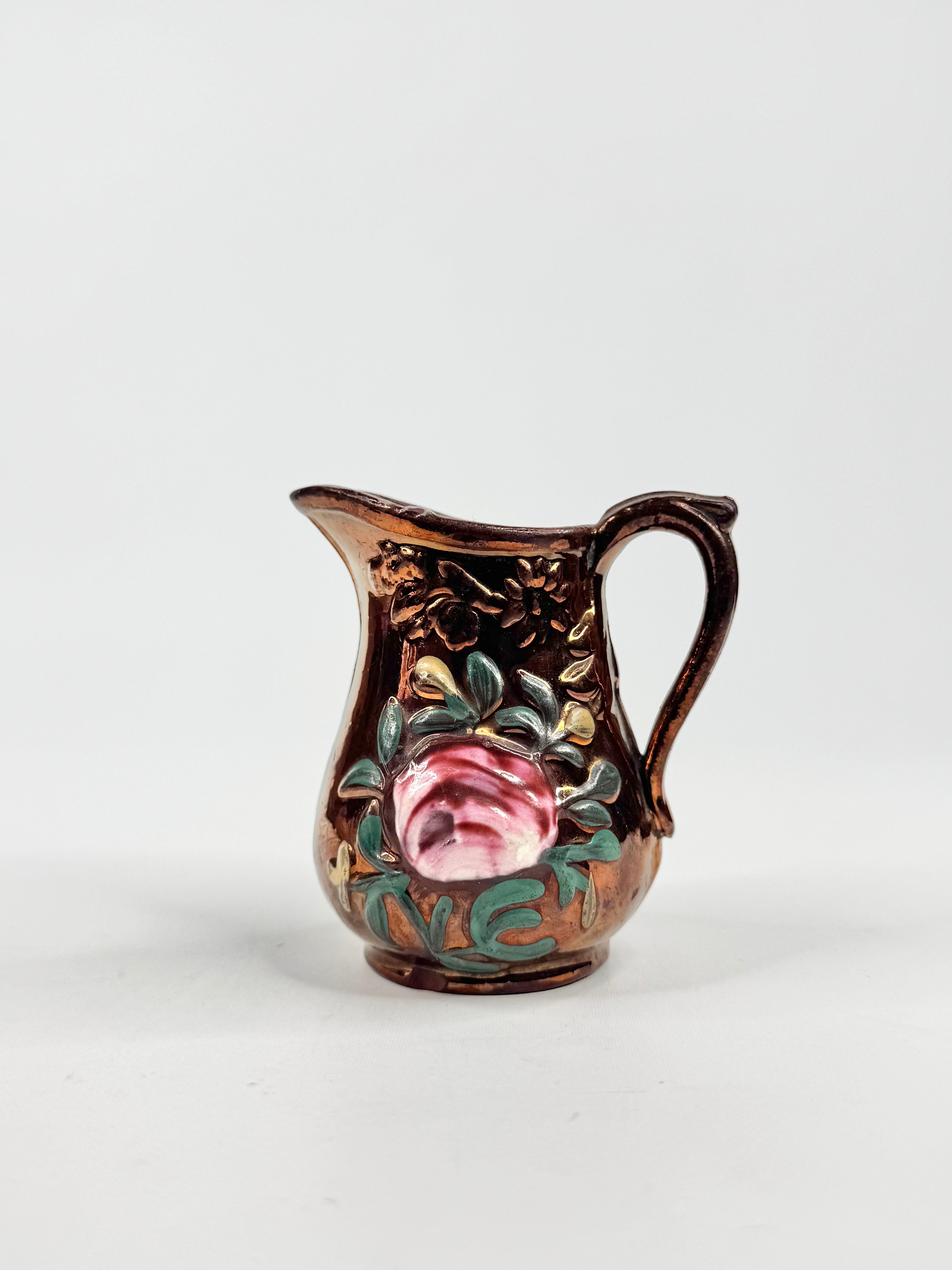 Vintage Copper Lusterware Floral Pitcher
