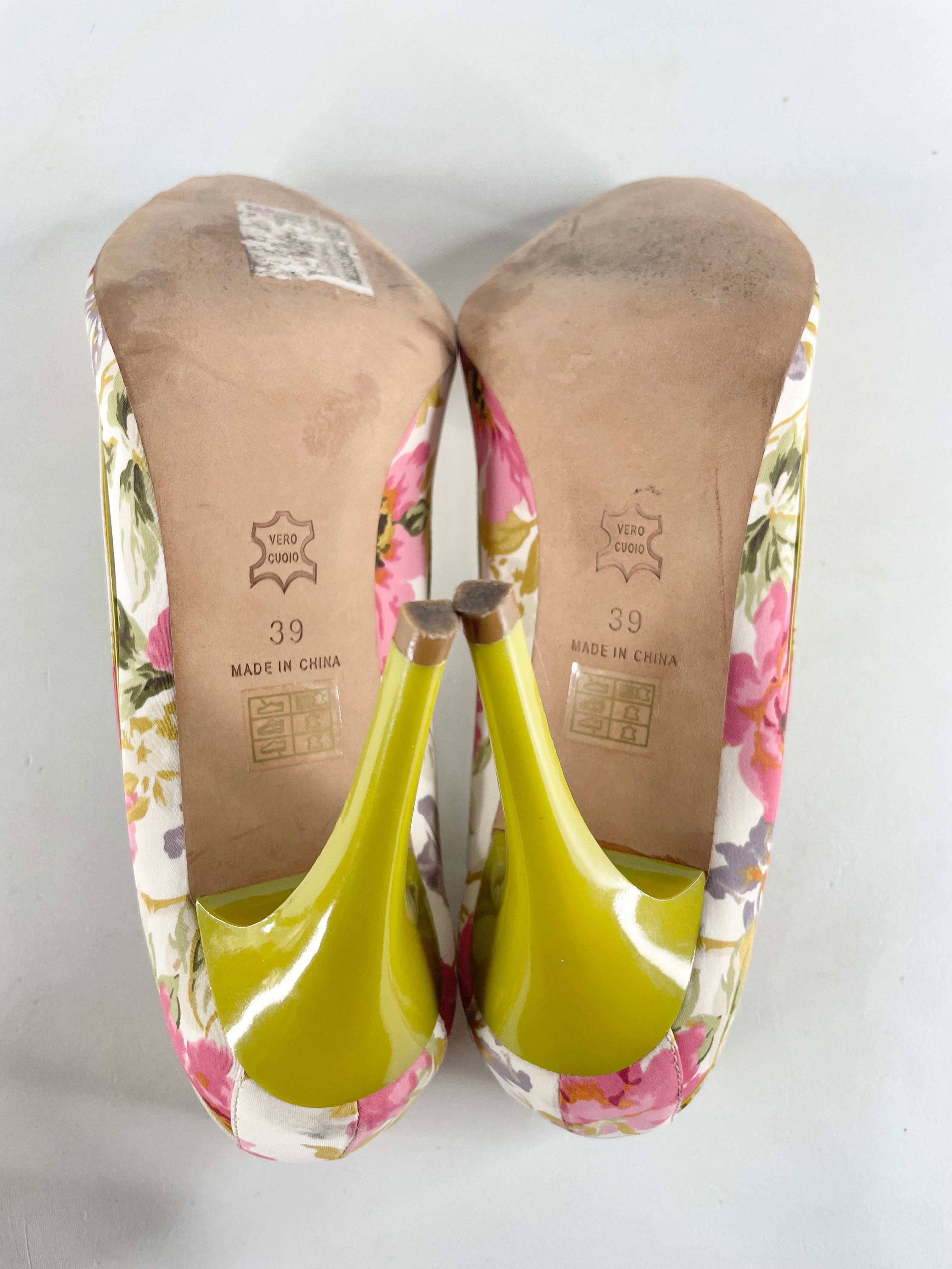 Karen Millen Lime Green Floral Leather Peep-Toe Pumps - EU39