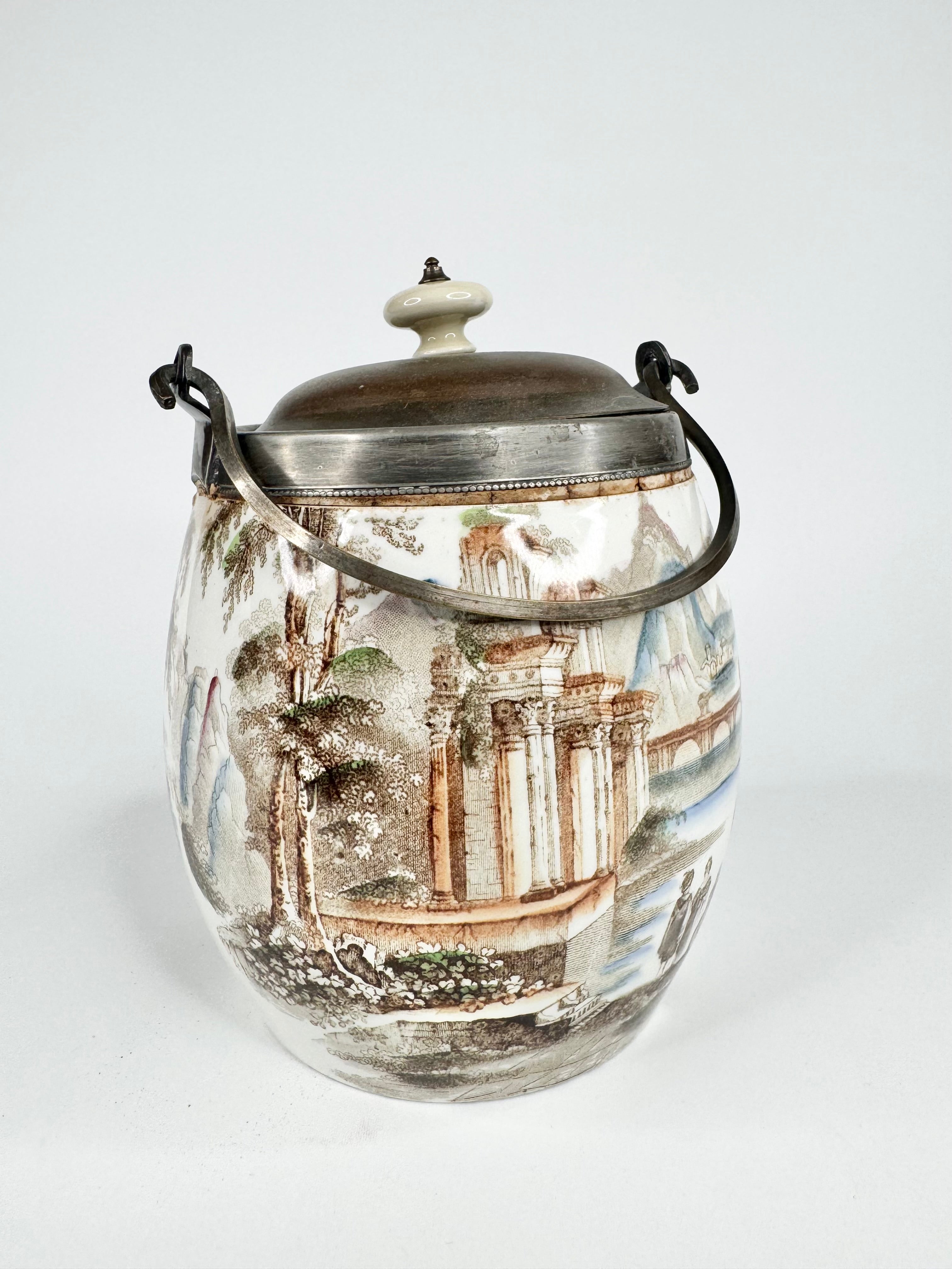 Vintage Transferware Biscuit Barrel with Metal Lid & Handle