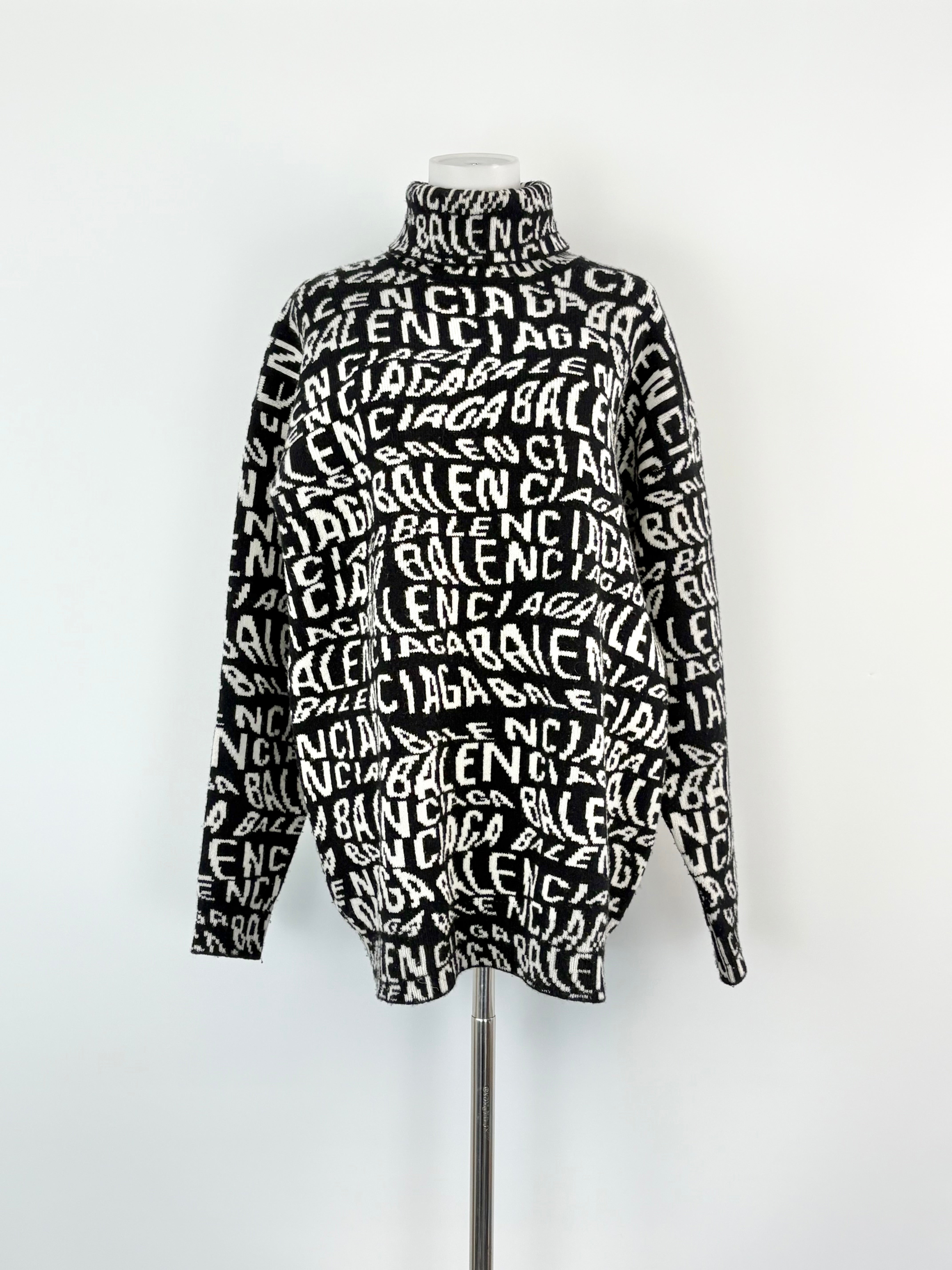 Balenciaga Black & White All-Over Print Logo Knit Turtleneck Sweater - AU8/10
