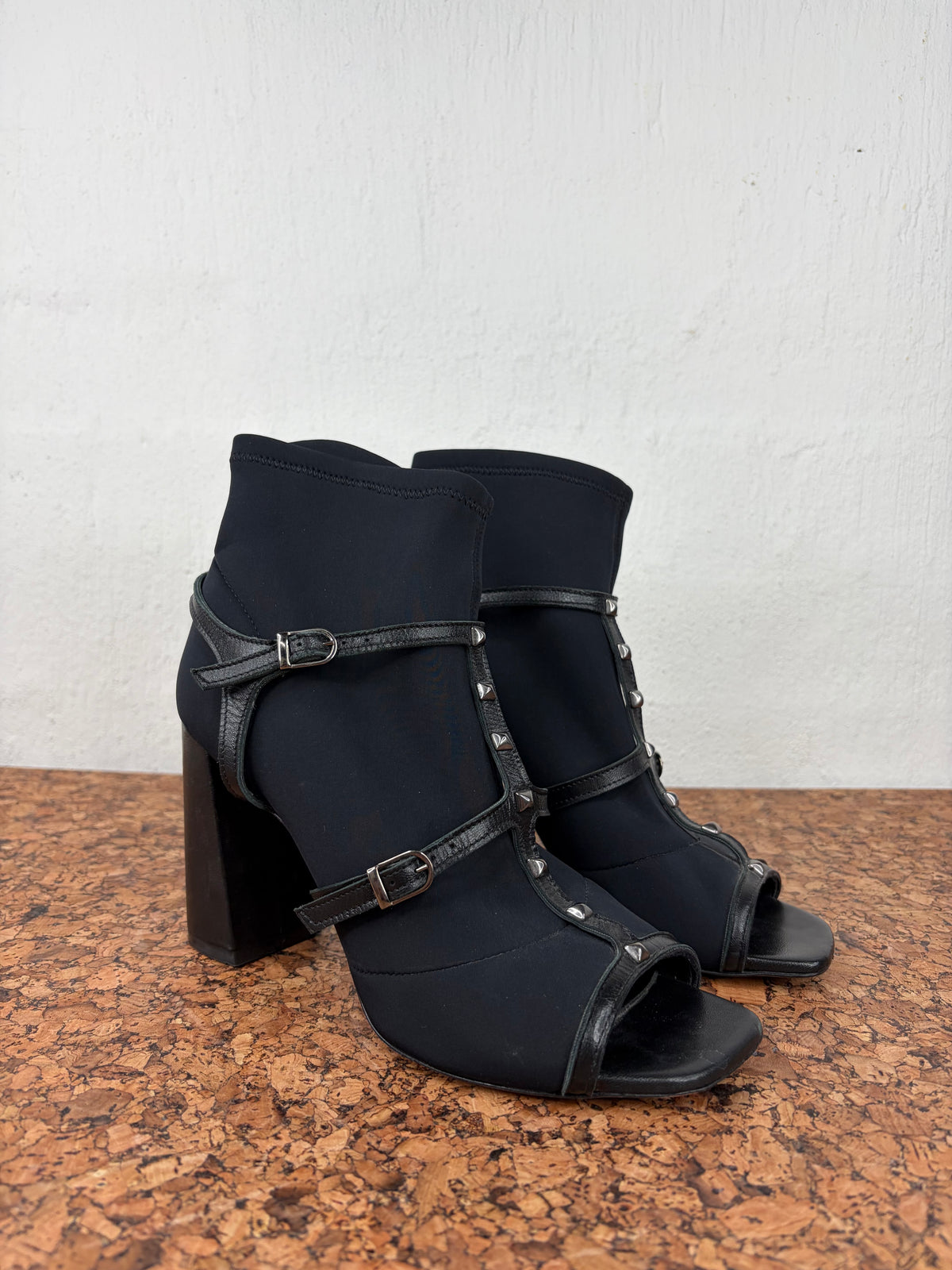 OVYÉ Black Neoprene & Leather Caged Studded Block Heels - EU39