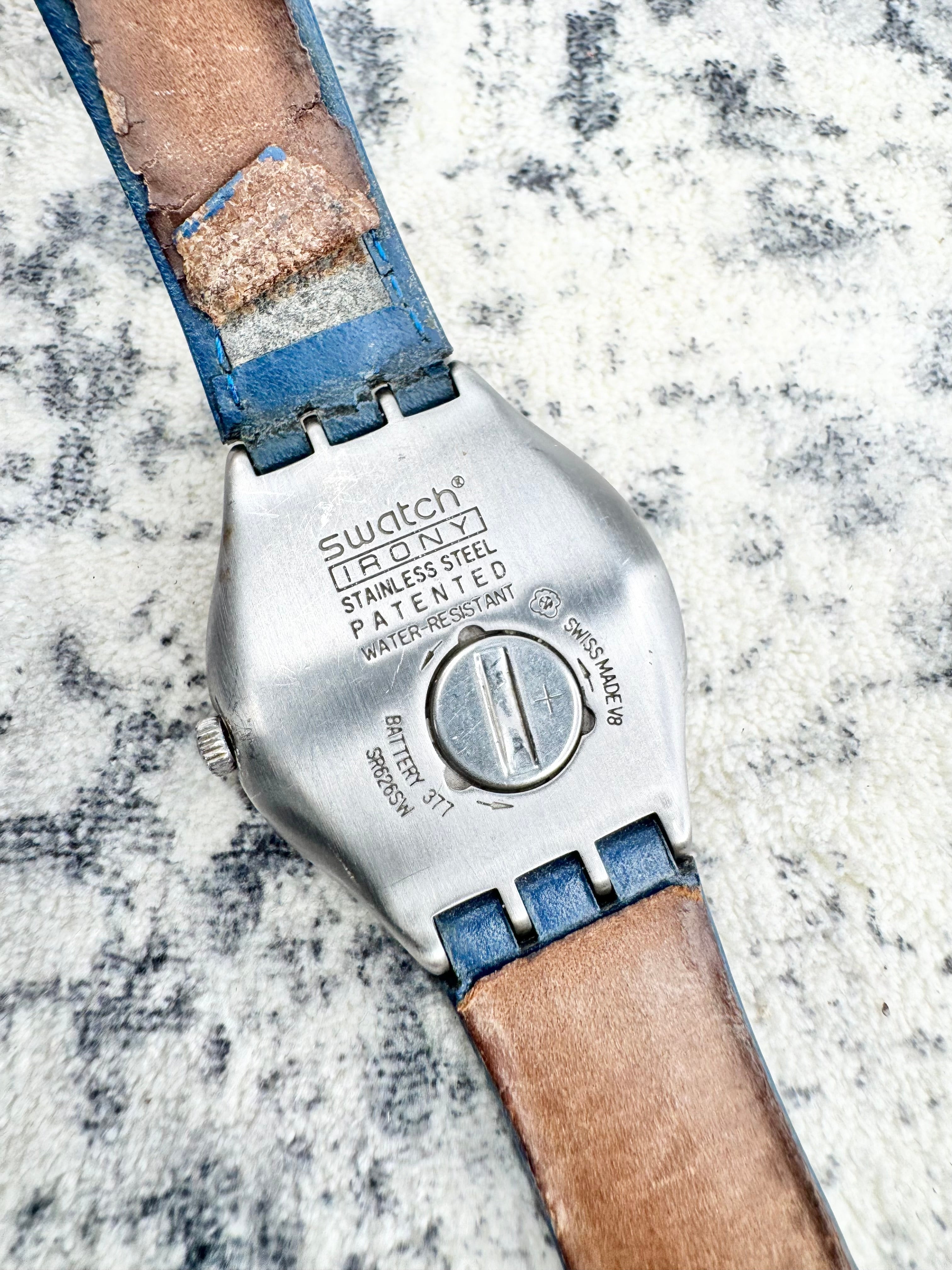Swatch Irony Brushed Silver Aluminum and Blue Enamel Watch